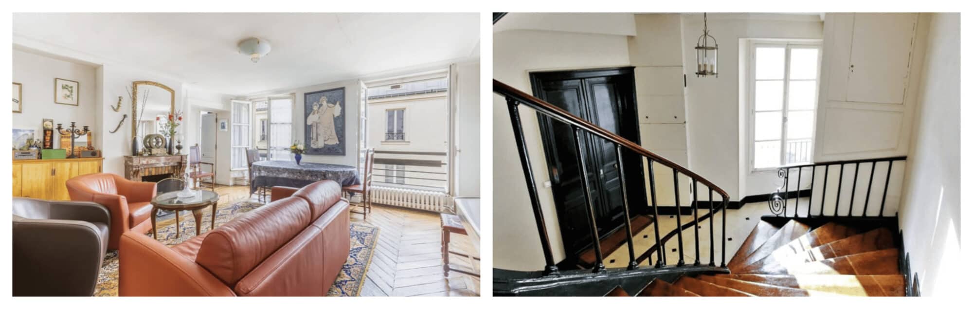 Left: A living room, with wooden floors and brown leather couch, of an apartment in rue Amelot in Paris; Right: A wooden staircase leading to said apartment in rue Amelot that has a black French entrance door.