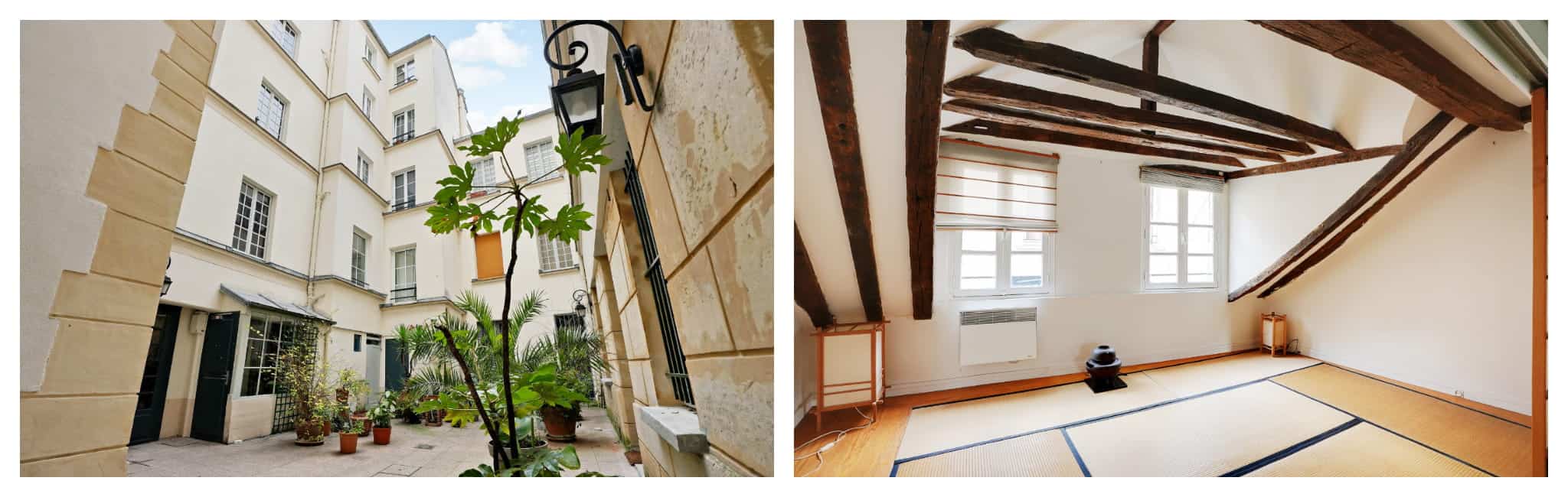 left: the courtyard of the Saint-Germain flat and the living room with historic brown beams and white walls.