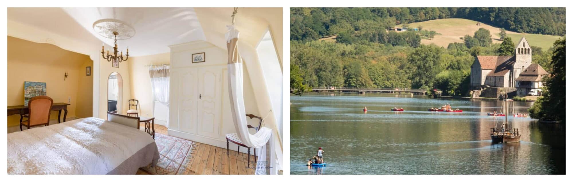 Left: A bedroom in a house in Dordogne, France, that has a wooden flooring and white curtains; Right: Dordogne, France's river with a castle beside it and people on boats.