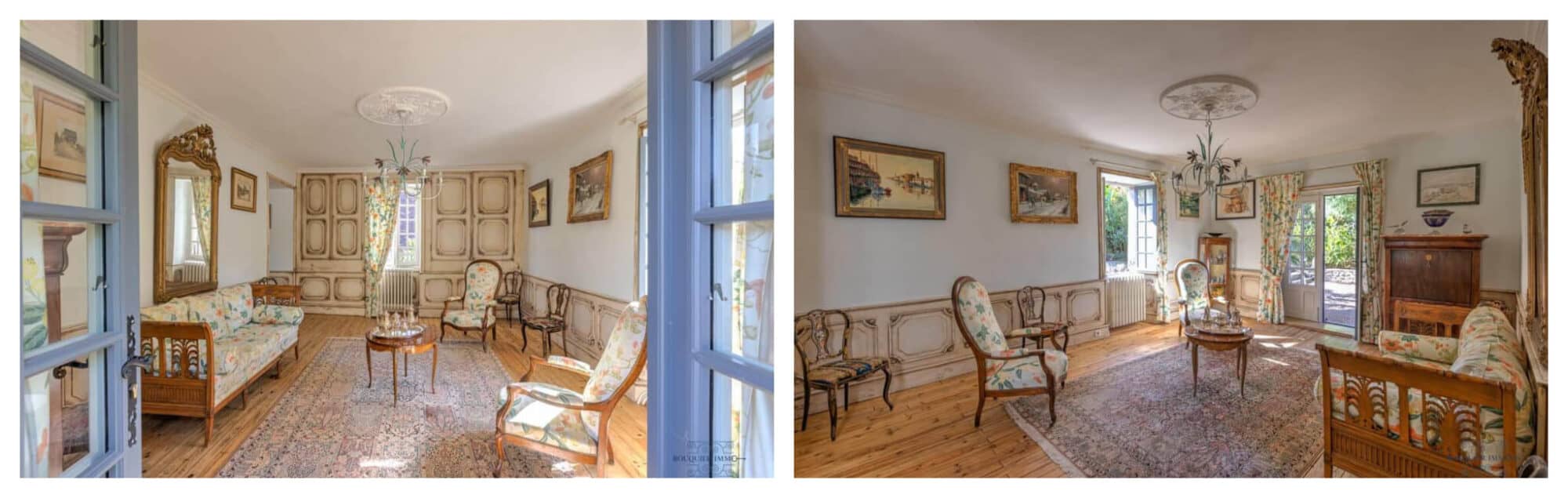 Left: A large living room of a house for sale in Dordogne, France, decorated with floral chairs and Persian carpets; Left: The same living room can be seen with a French door leading to an exterior garden.