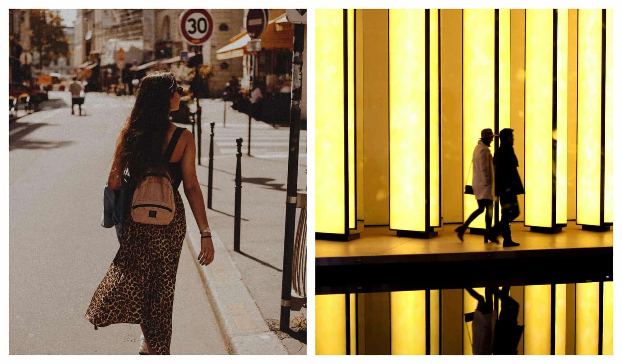 Left: a young woman  with dark hair strolls in summer on the streets of Paris; right: to people strolling at night next to the Fondation Louis Vuitton which is lit yello.