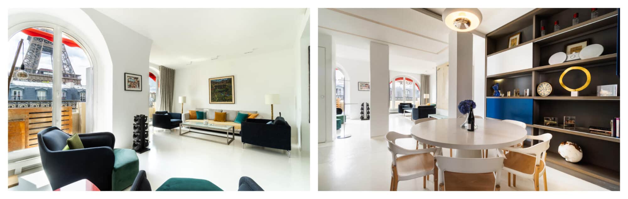 left: the living room of the apartment on Avenue de la Bourdonnais with Eiffel Tower views; right: the dining room of the same apartment, decorated in a modern style.