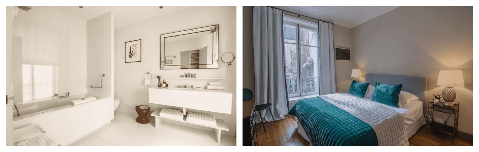 Left: The bathroom of a Paris apartment made of clean white materials; right: the bedroom of Paris apartment with a king sized bed made up with turquoise and white bedding.