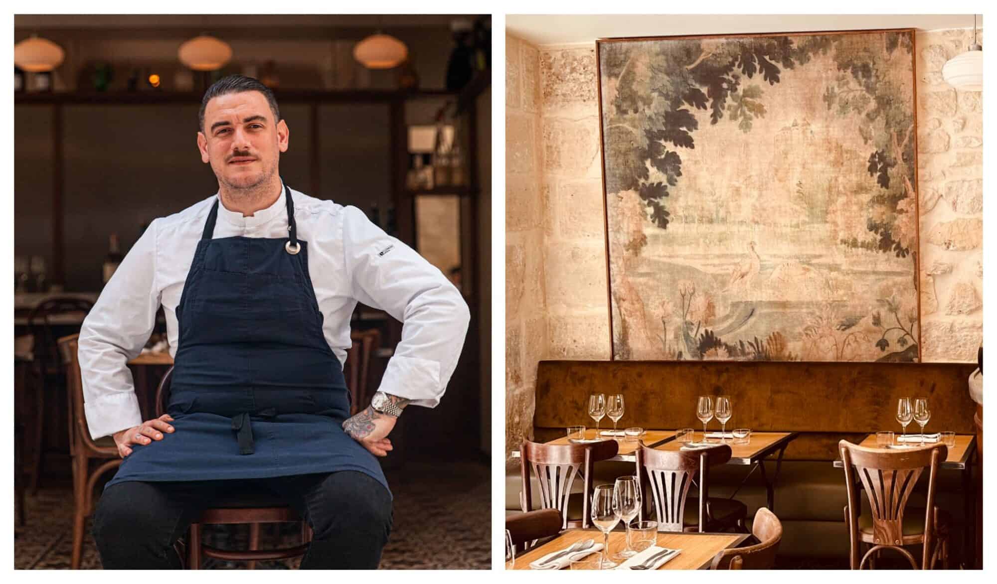 Left: Chef Arnaud Baptiste dressed in his chefs whites with a blue apron on, sat in front of Colvert restaurant; right: the beautiful interior of Colvert restaurant with it's aged stone walls and antique tapestry behind a row of wooden tables and benches.
