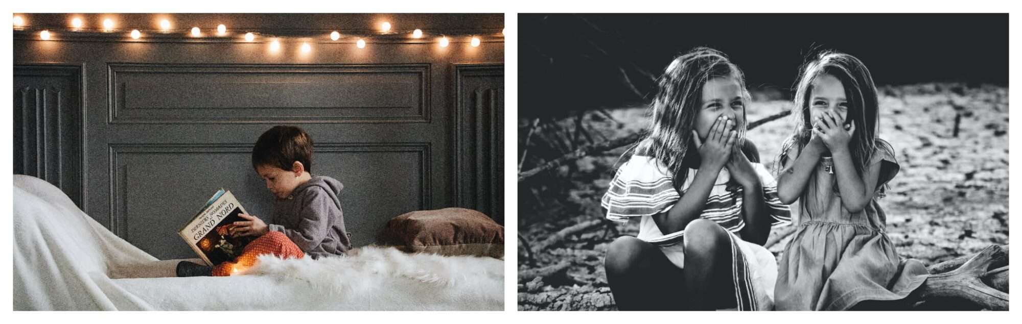 Left: A young French boy reads a book in his bedroom which has grey walls, a white bed and stringed fairy lights; right: a black and white photo of young girls with long brown hair giggling as their hands cover their faces. 