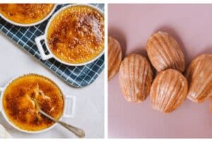 Left: Three ramekins of crème brulée, one with a spoon in it and two sat on a blue and white tray; Right: iced madeleines sat on a pink background, cooked from Voilà Vegan.
