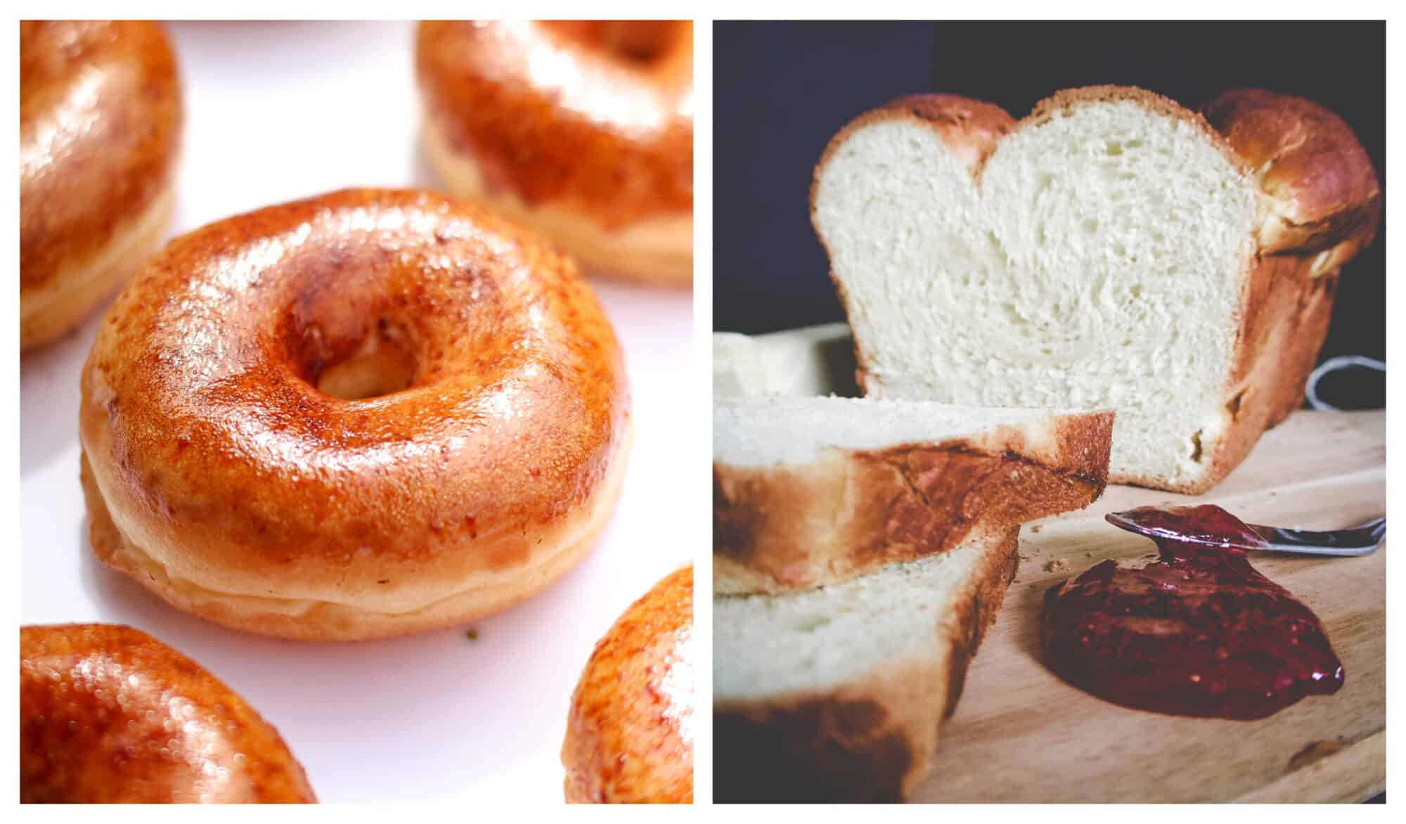 left: several glazed donuts sat on a pink plate; right: a brioche cut open on a wooden cutting board