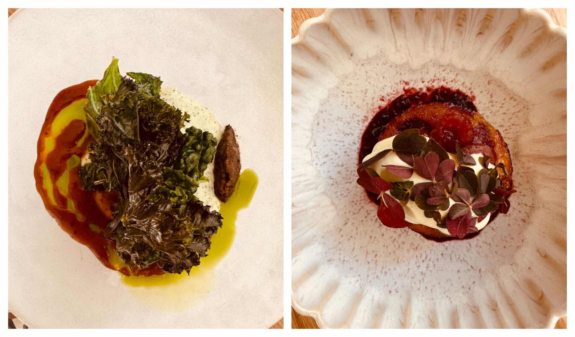 Left: Lamb with crispy kale on top and red and green jus; right: cherry clafoutis with oxalis leaves on top with both dishes served on white plates