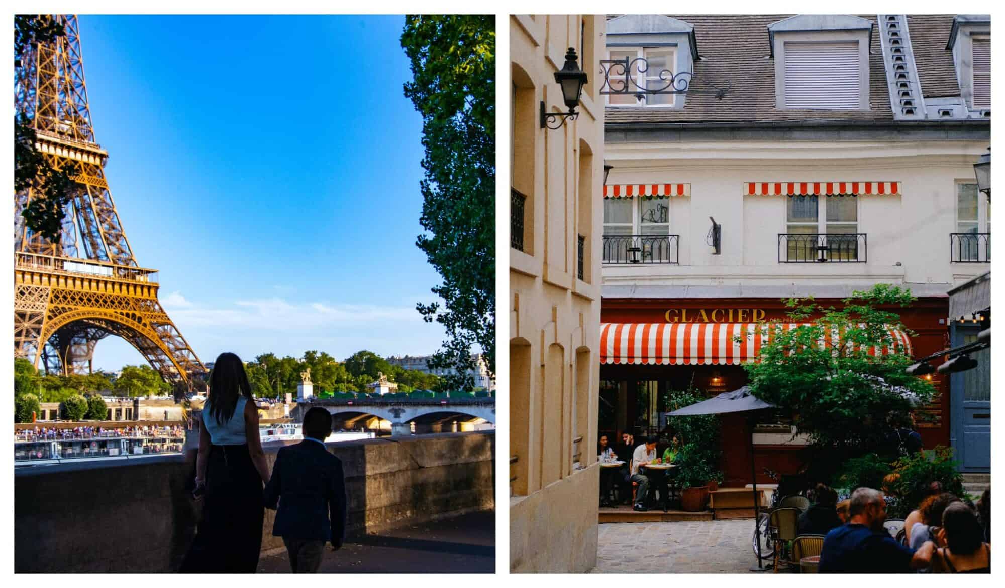 left: a mother and her child are pictured from behind walking along the Seine river; right: the outside view of a Parisian café would a red and white awning and patrons sate outside.
