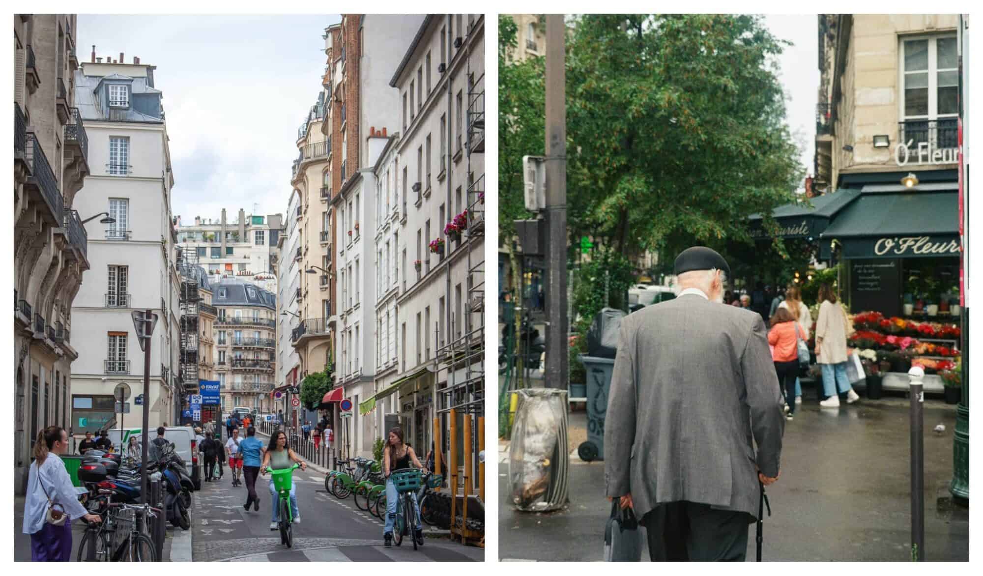 Left: Parisian street life, with people riding bikes and walking on the City streets; Right: An older man in a gray jacket and black hat crosses a Paris street towards a cafe with a green awning. 