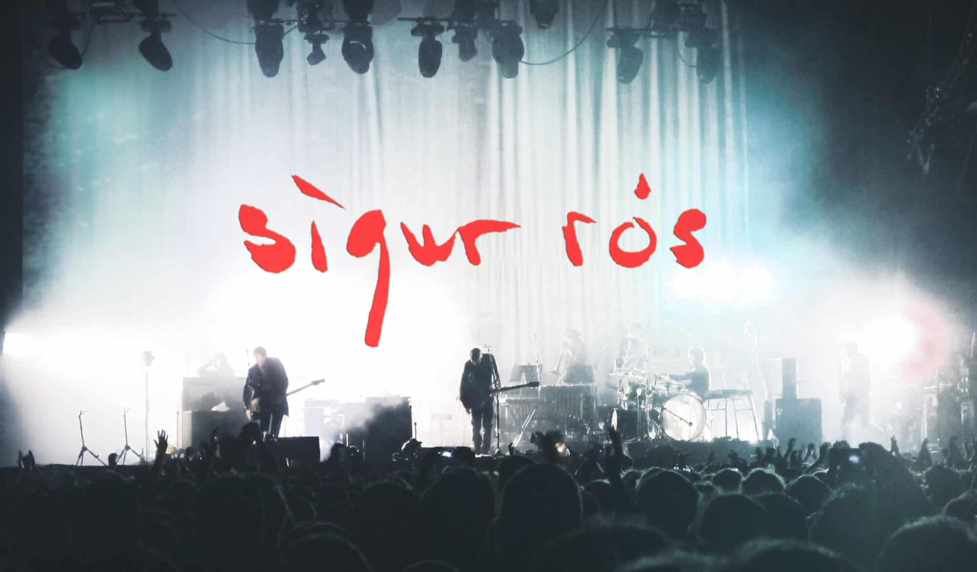 The band Sigur Ros performing at Rock en Seine with red text overlay of the band's name.