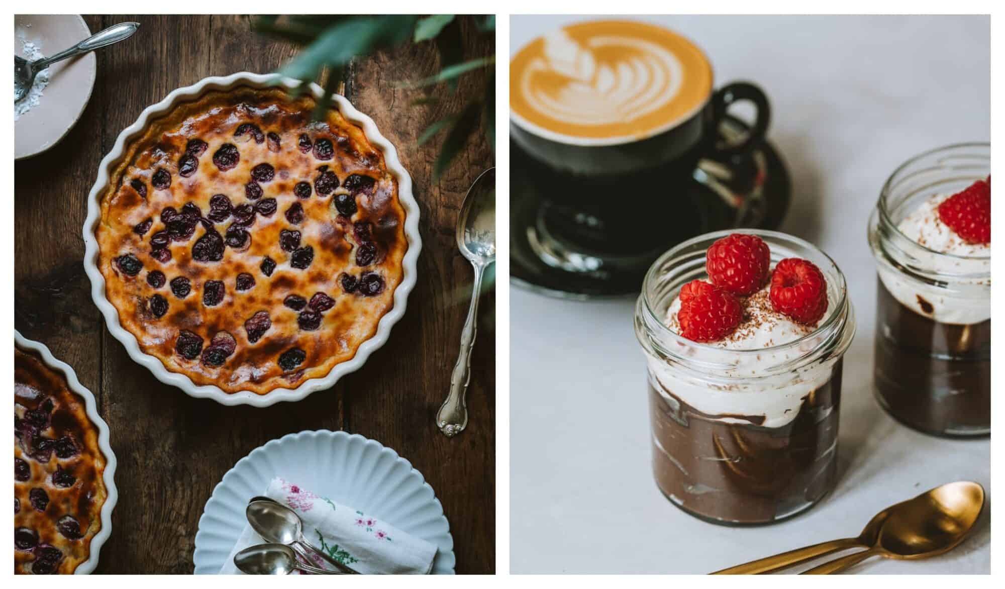 left: a cherry clafloutis in a white tarte pan sat on a wooden table; right: two ramekins of chocolate mousse (all recipes from Voilà Vegan) topped with vegan whipped cream and raspberries along side a cappuccino in a black cup and saucer. 