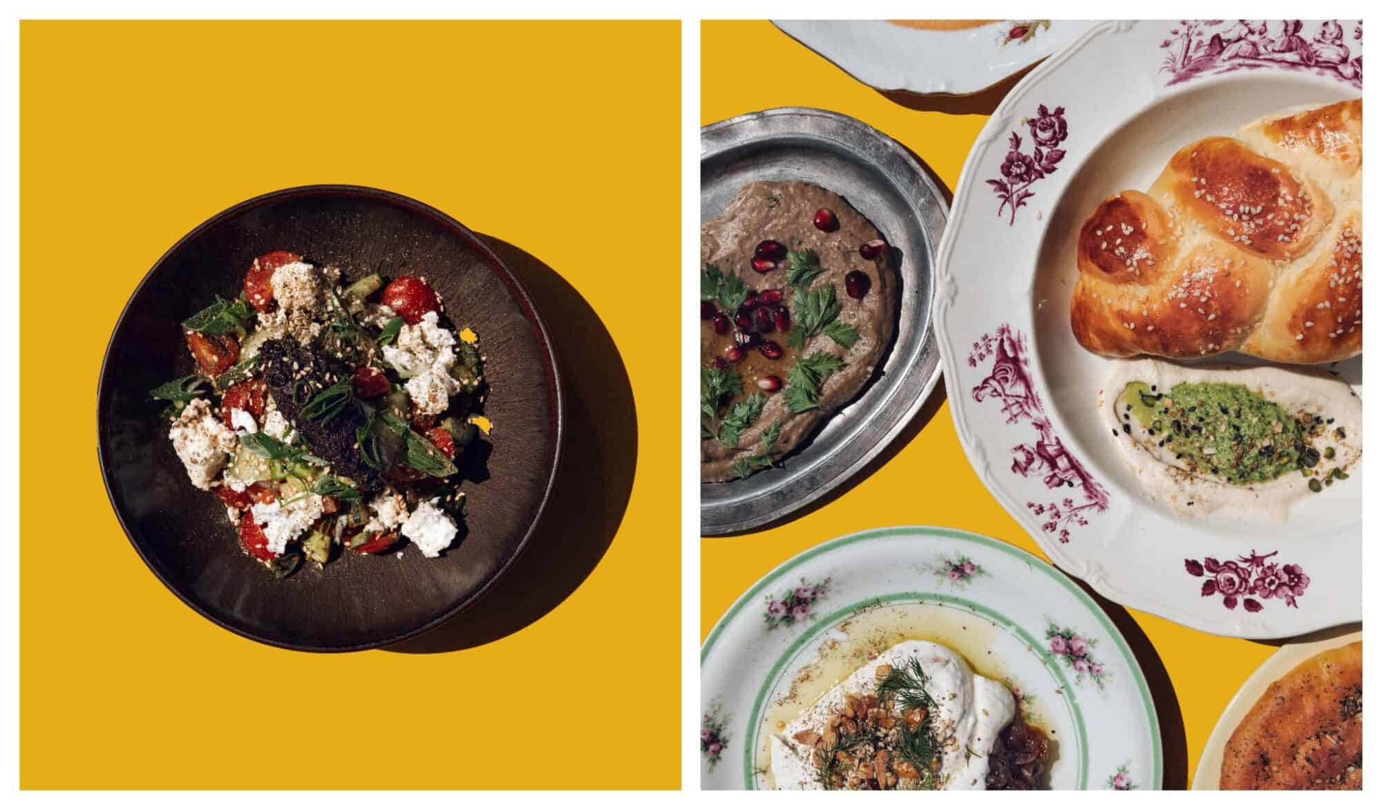 Left: Greek salad from Créatures served in black bowl; Right: an array of several colorful vegetarian dishes from the same restaurant all sat upon a yellow table.