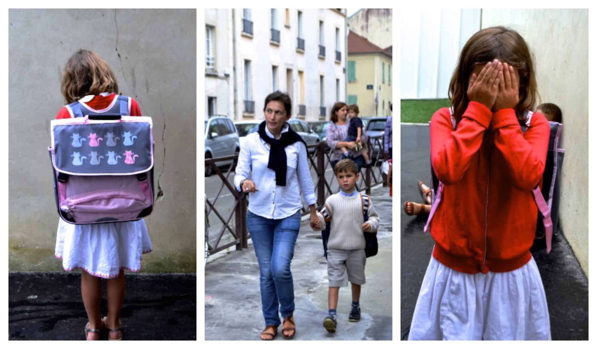 Left: a young girl with her back facing the camera showing off her pastel backpack; center: a woman with jeans, a white shirt and cardigan over her shoulders walks a small boy to school; right: a girl in a red sweatshirt playful covers her face with her hands.