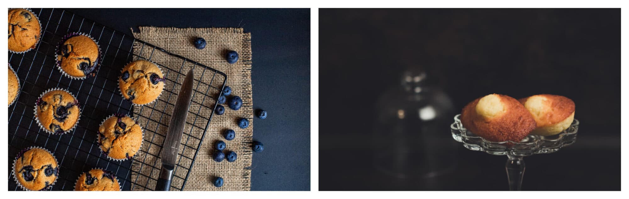 left: freshly baked blueberry muffins on a black cooling rack sat on a jute place mate, with blueberries sprinkled around; right: two madeleines sat on a glass cake plate with the lid sat on the counter behind.