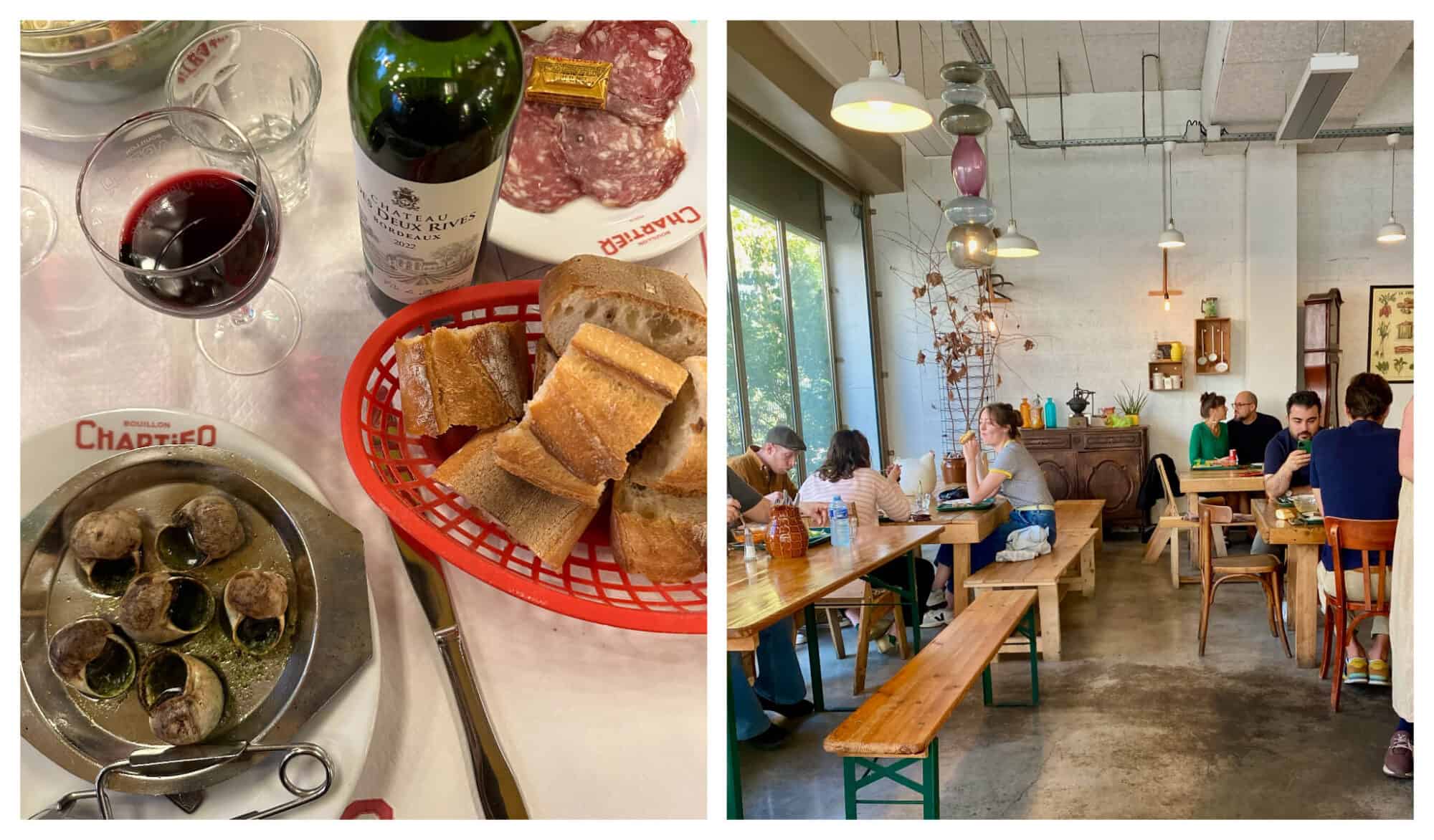 Left: An escargot dish with bread entrance meal at Bouillon Chartier in Paris; Right: Right: Clients seated inside a restaurant called Chez Foucher Mère et Fille in Paris.