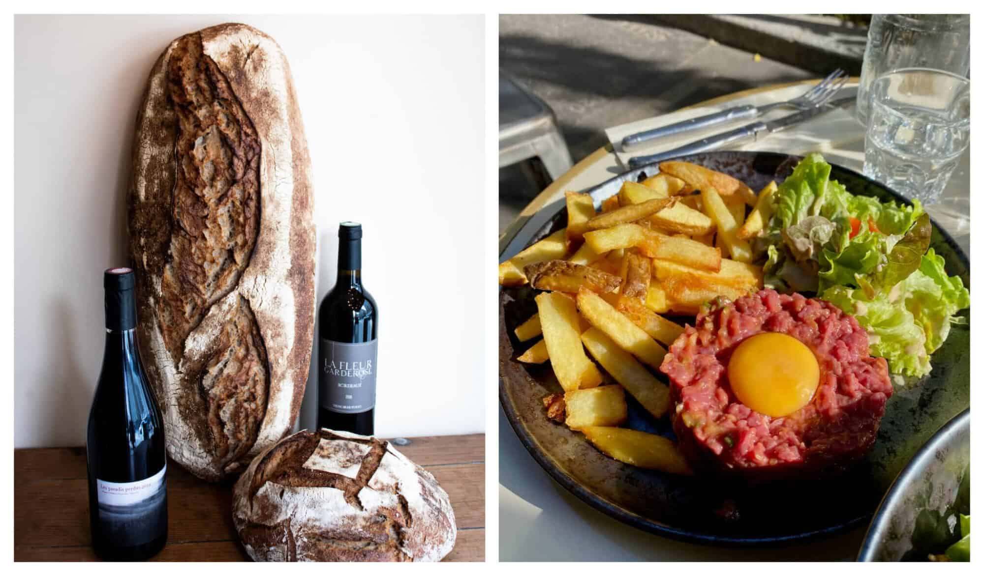 Left: 2 pieces of loaf bread called Pain de Campagne with a bottle of wine at Levain Le Vin in Paris; Right: A beef tartare with raw egg dish from Bistrot Smiley
