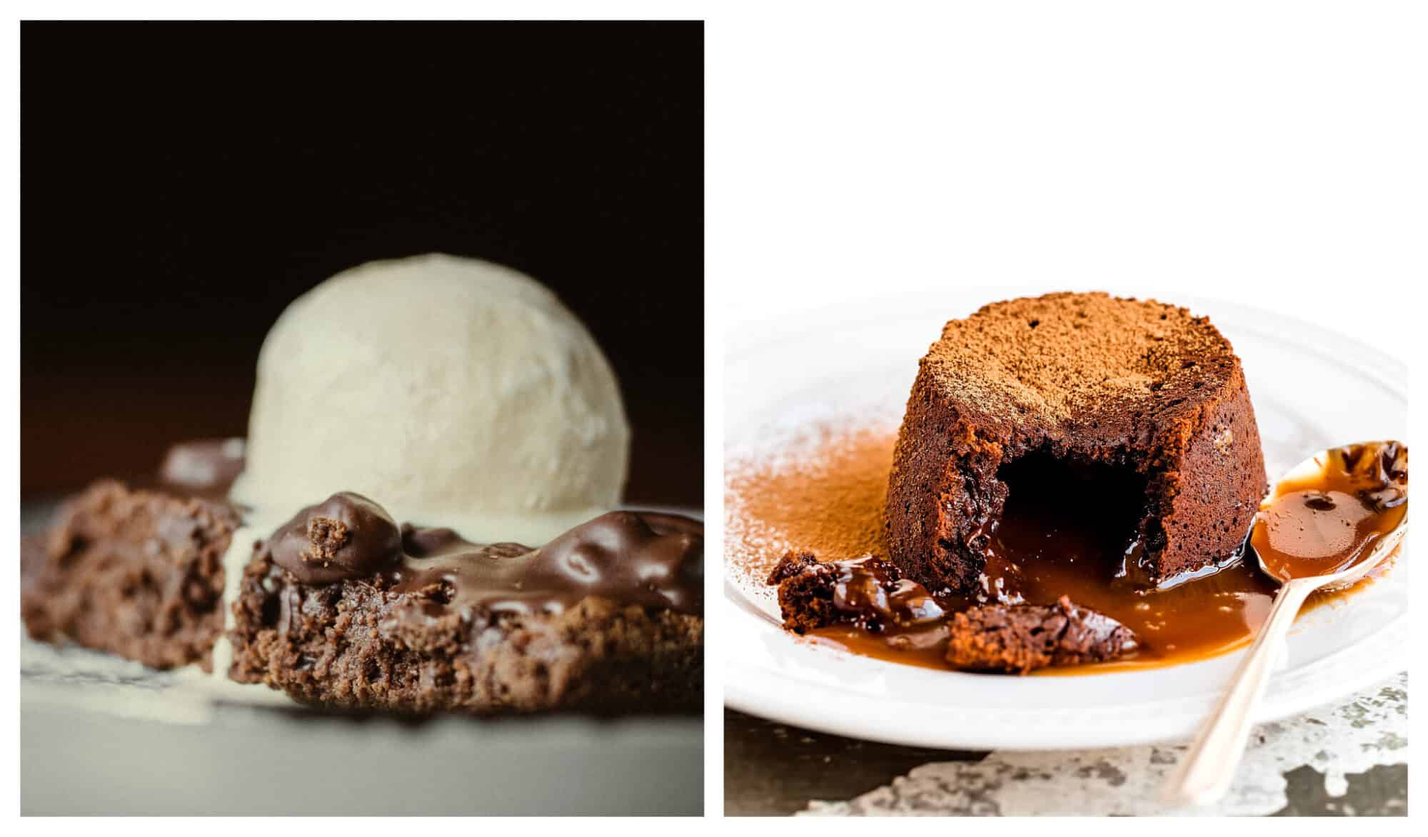 Left: a warm brownie with ice cream on the top; right: a chocolate fondant cut open with chocolate sauce oozing out and cocoa sprinkled on top.