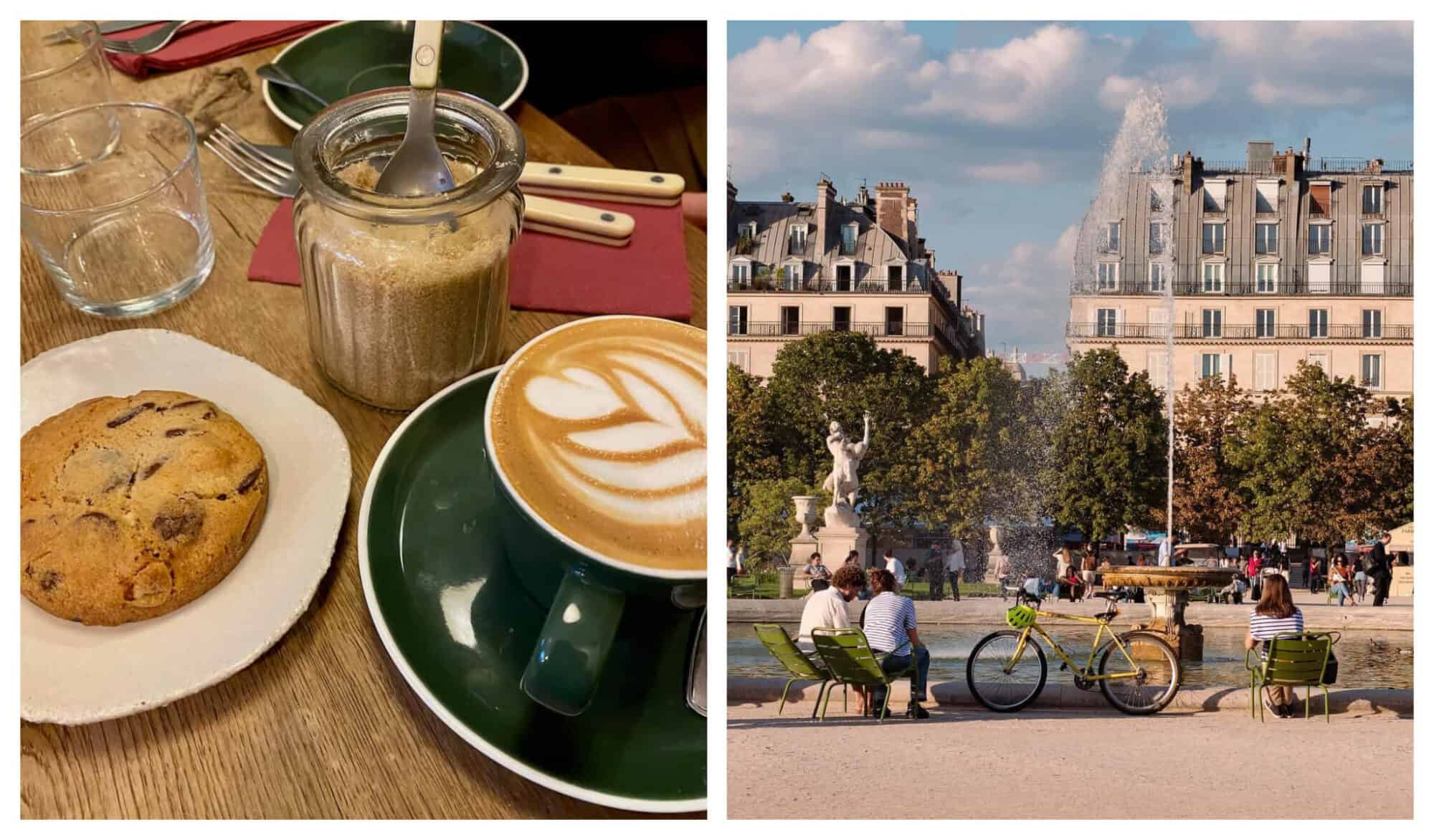 Left: A brown circular cookie, a cup of coffee, and a jar of brown sugar are served in coffee shop Gramme Paris; Right: Parisians sitting in green chairs in front of a fontaine in Tuileries Garden in Paris.