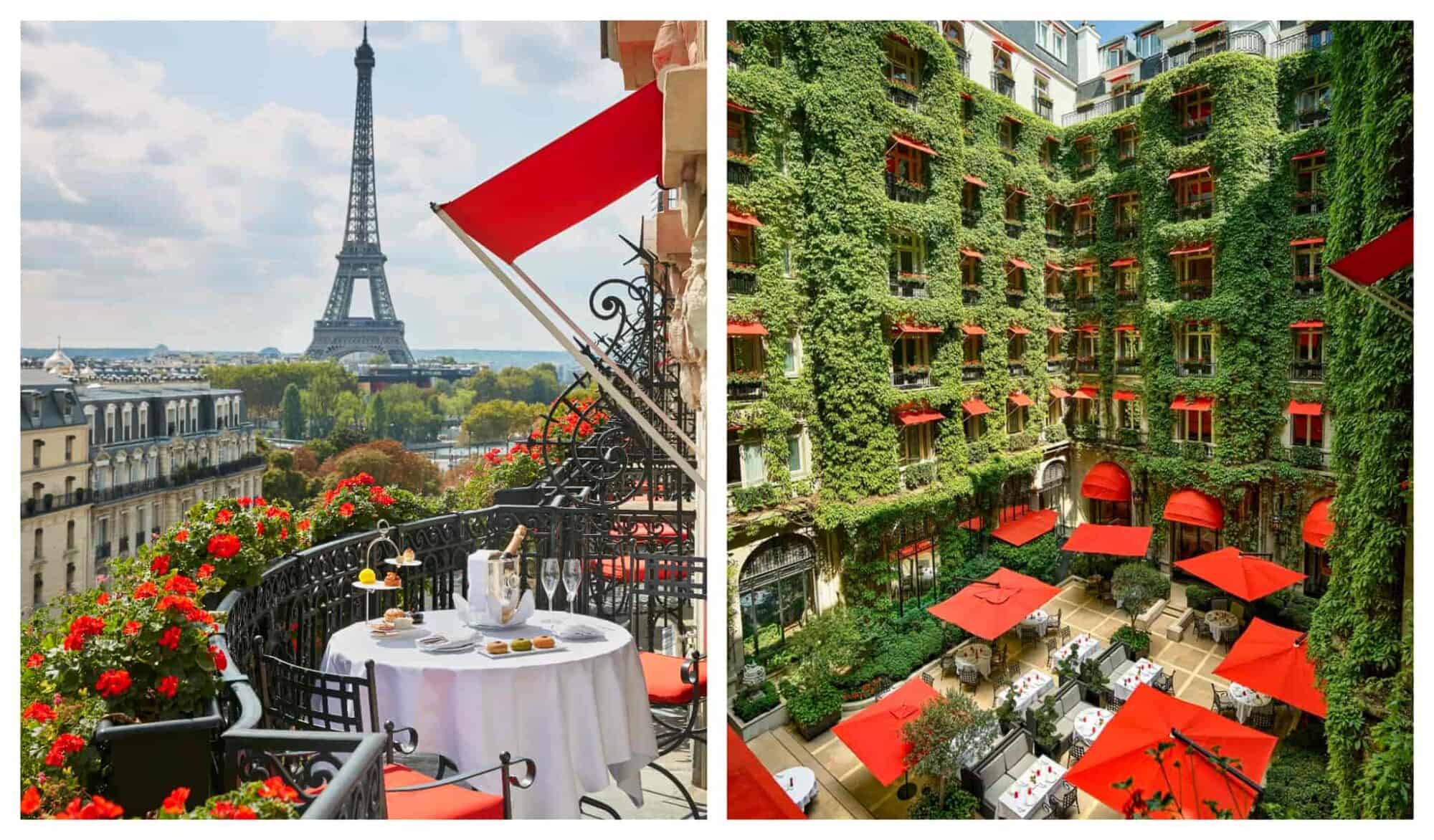 Left: view of the Eiffel Tower from the balcony of Hotel Plaza Athénée, Right: the facades of Hotel Plaza Athénée with the restaurant in the courtyard