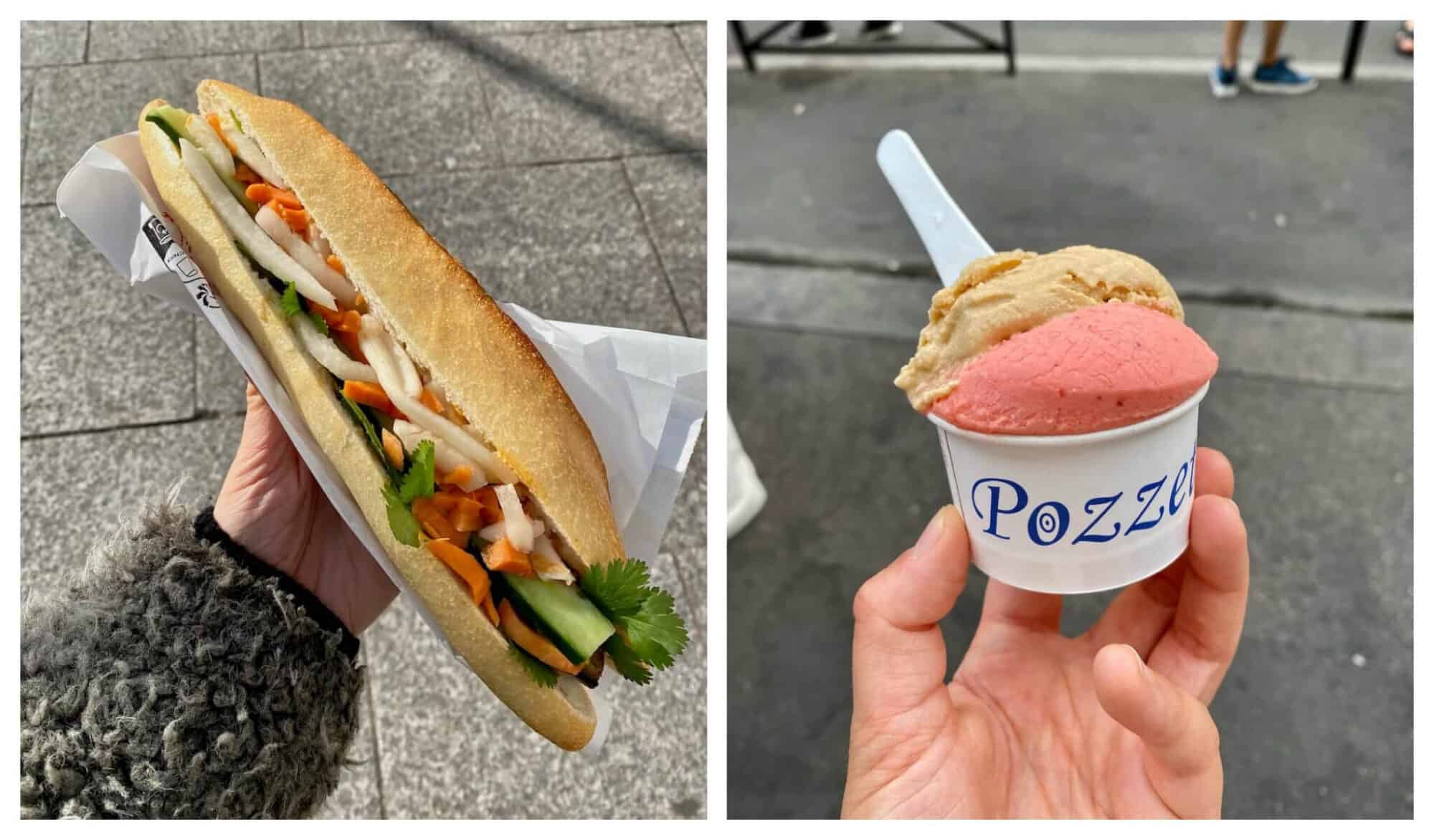 Left: A hand holding a foot long Banh Mi from Nonette; Right: A hand holding a small cup of gelato from Pozetto Paris.
