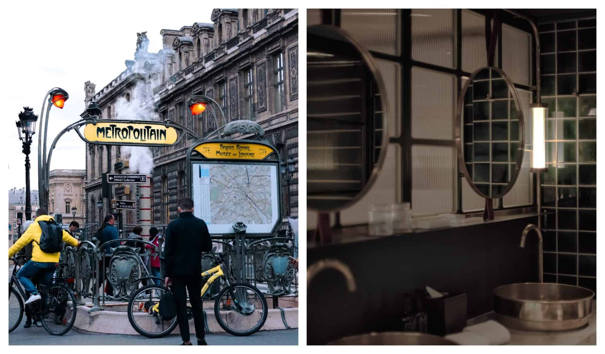 Left: the green and yellow art deco entrance to the Paris metro with a man and his bicycle out front and a historic building in the back; right: the interior of a public bathroom with round mirrors and stylish industrial decor.