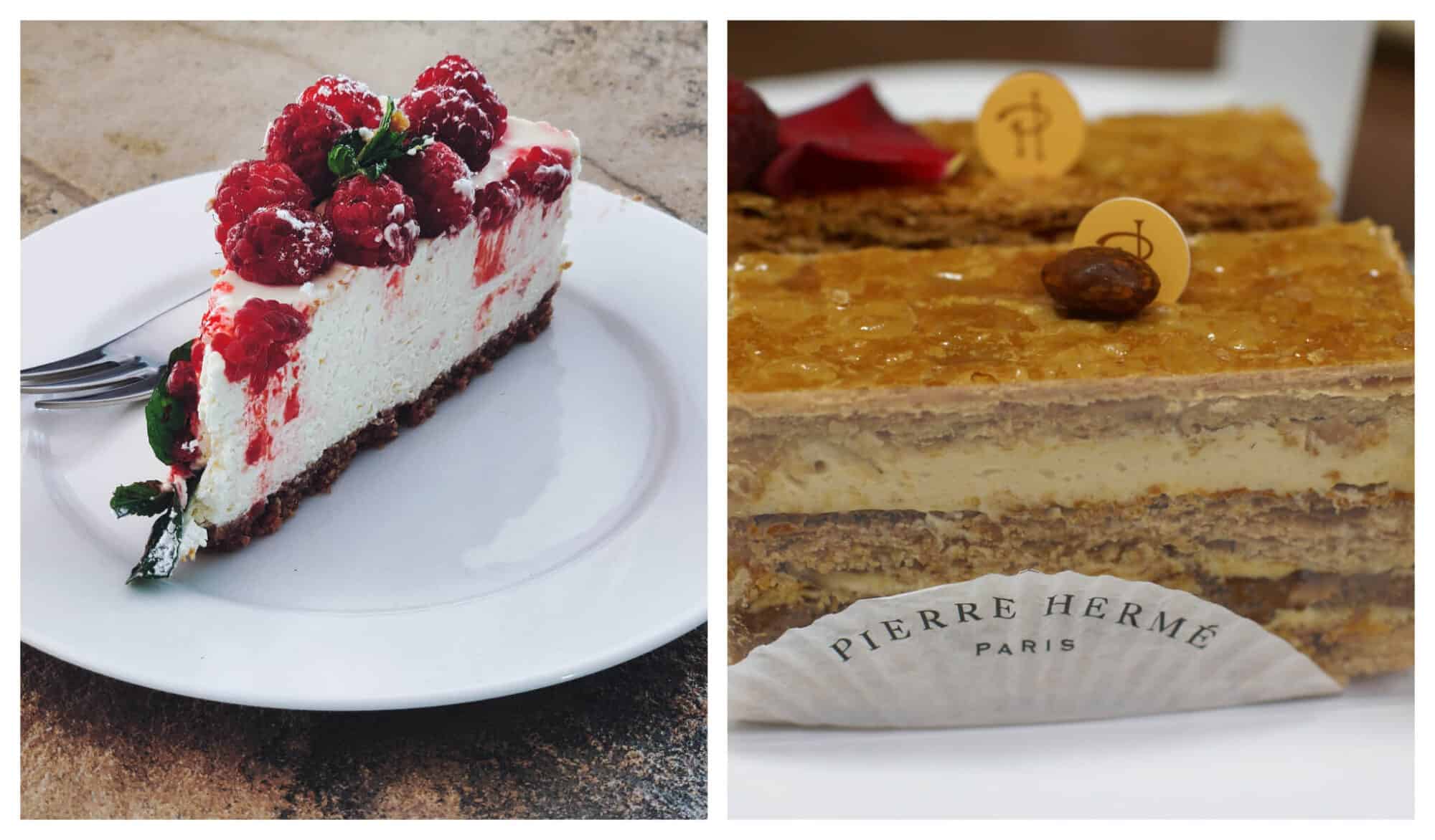 left: a slice of strawberry cheesecake sat on a white plate on a wooden table; right: a millefeuille from Pierre Hermé sat on a white plate.
