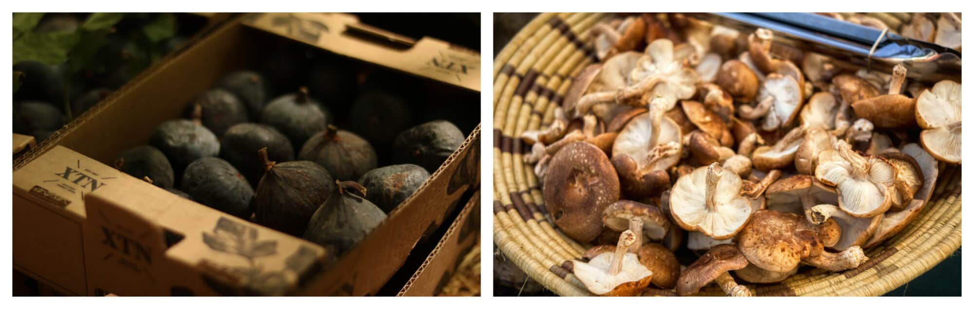 Left: figs in a storage box; right: wild mushrooms on a jute plate.