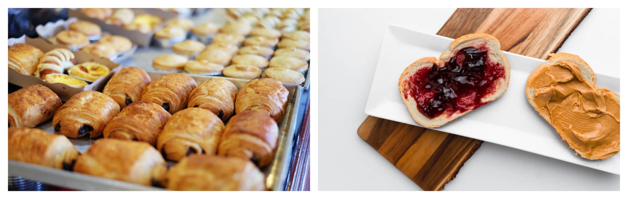 Left: a tray of viennoiserie at a French bakery; right: a white platter with one of slice of bread with jam on it and another topped with peanut butter.