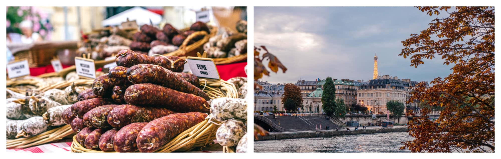 left: a display of charcuterie at a Paris market; right: the Seine at sunset with the Eiffel Tower lit up in the background