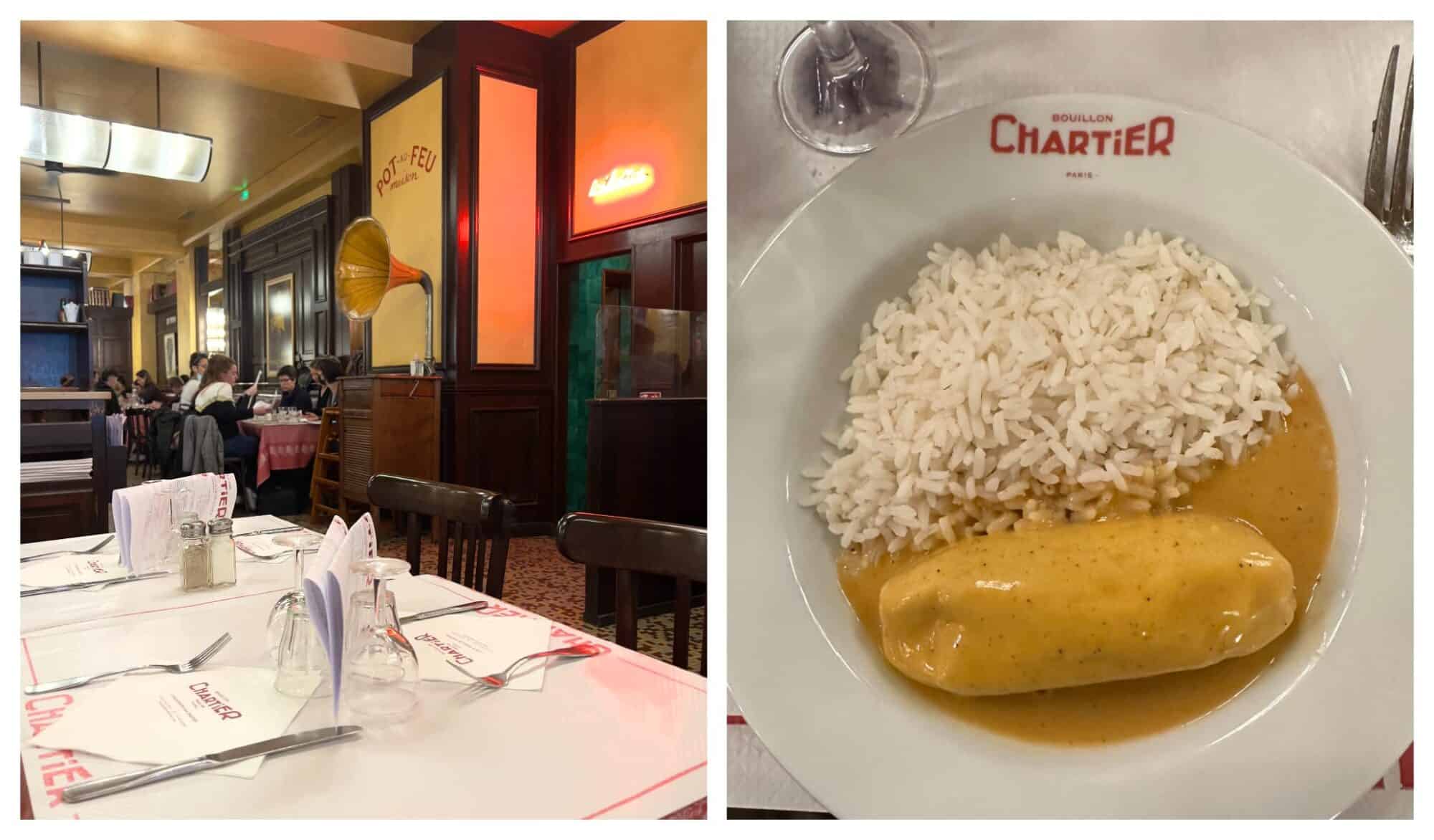 Left: the interior of Bouillon Chartier Gare de l'Est with wood panelled and yellow painted walls, and an old style phonograph under a sign in red saying pot au feu; right: a plate of quenelle de Nantua and rice. 