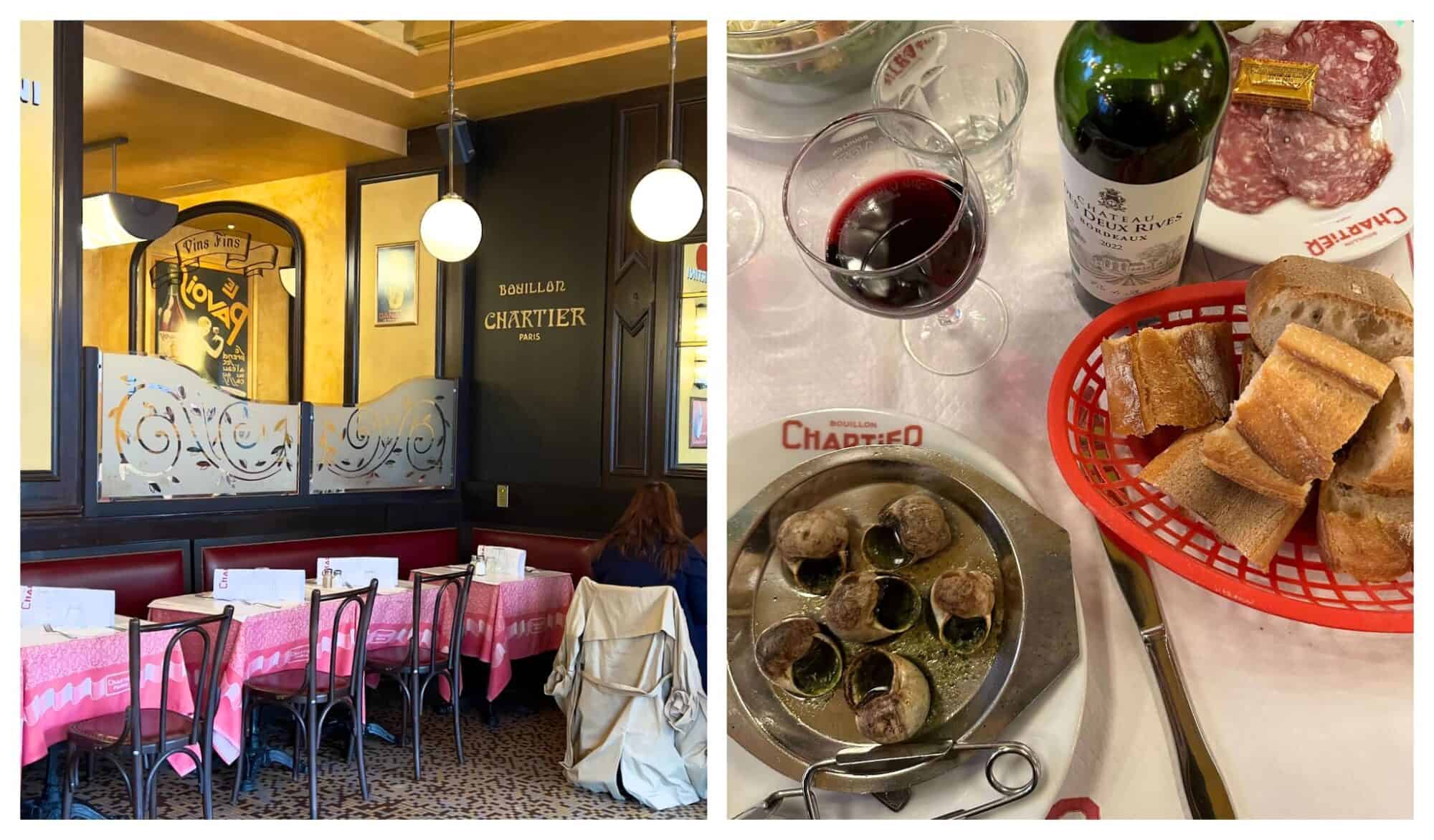 Left: the dining room of Bouillon Chartier Gare de l'Est with a yellow and wood paneled walls, red table cloth covered with white paper tablecloth and the back of diner's head; right: a table at the same restaurant with escargots; a glass of red wine, bread basket, bottle of bordeaux wine, a plate of charcuterie with butter and cornichon, and the edge of a salad bowl.