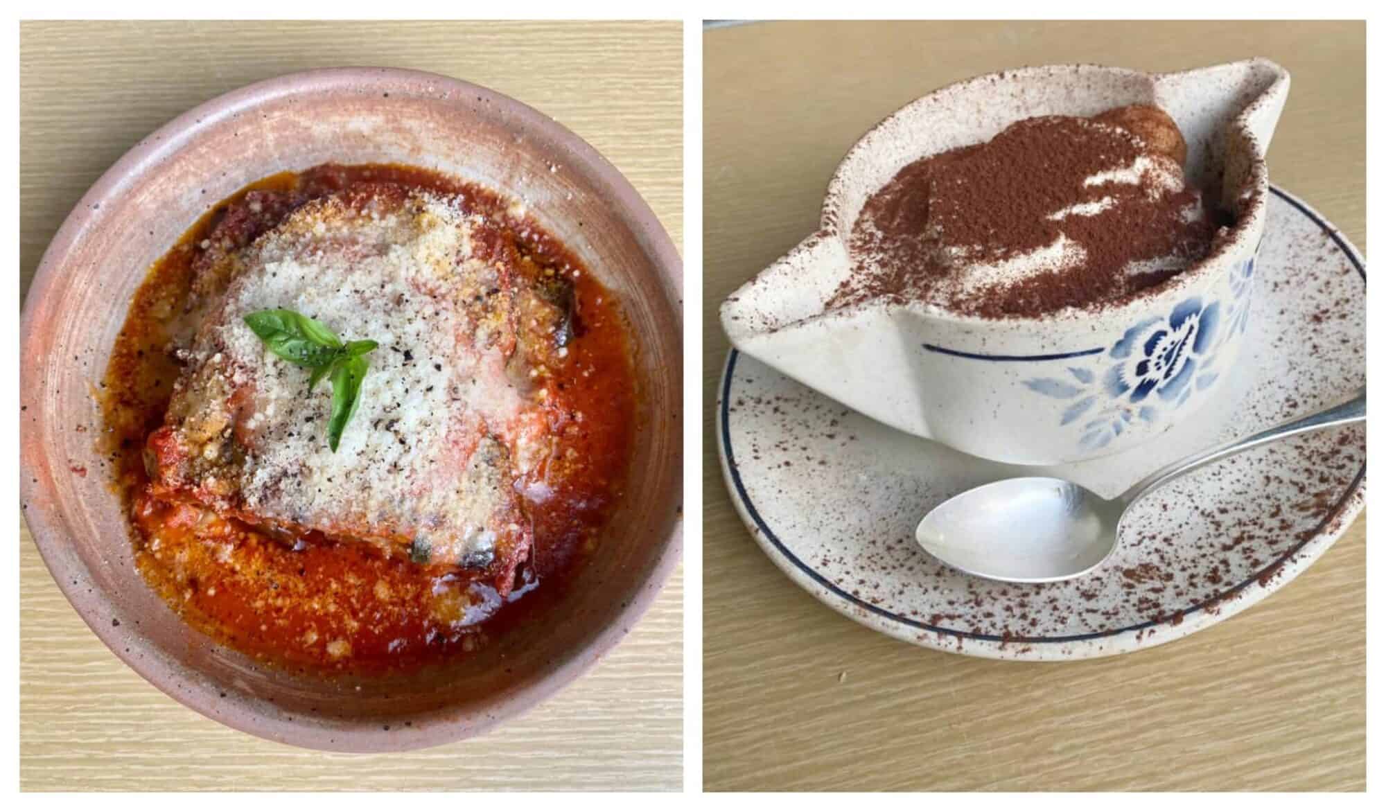 Food presented at Come a Casa Italian restaurant. On the left, lasagna and on the right, tiramisu