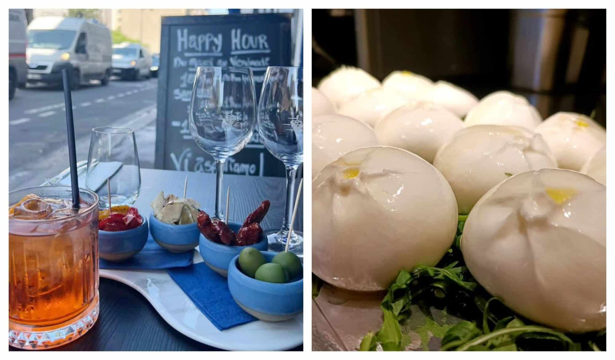 left: a table with two wine glasses and aperitif items with a sign saying Happy Hour at Guillaume Grasso; balls of Mozzarella on a wooden board with some rocket leaves to the side.