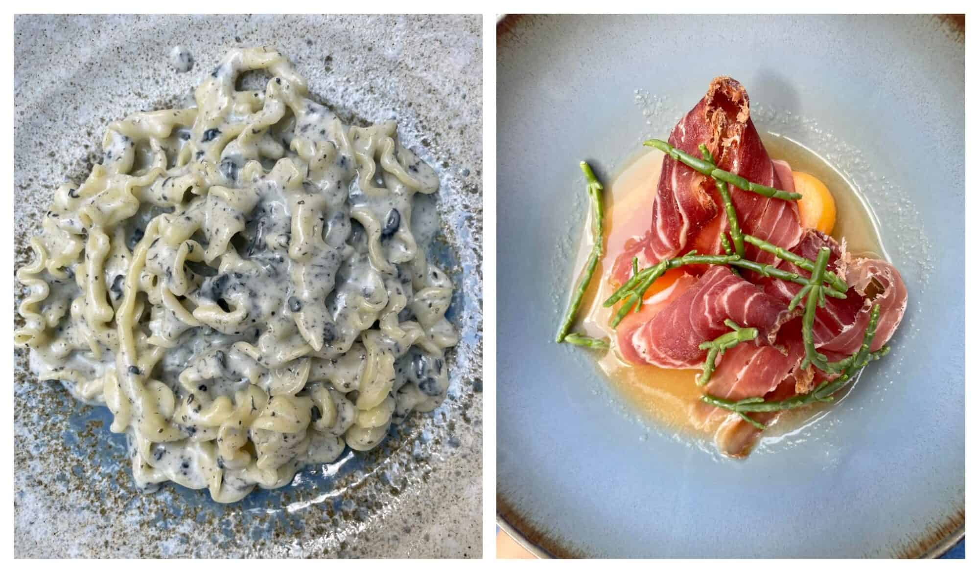 left: a plate of pasta in a gorgonzola cream sauce; right a plate with parma ham and samphire sprinkled on top from Il Cuoco Galante restaurant.
