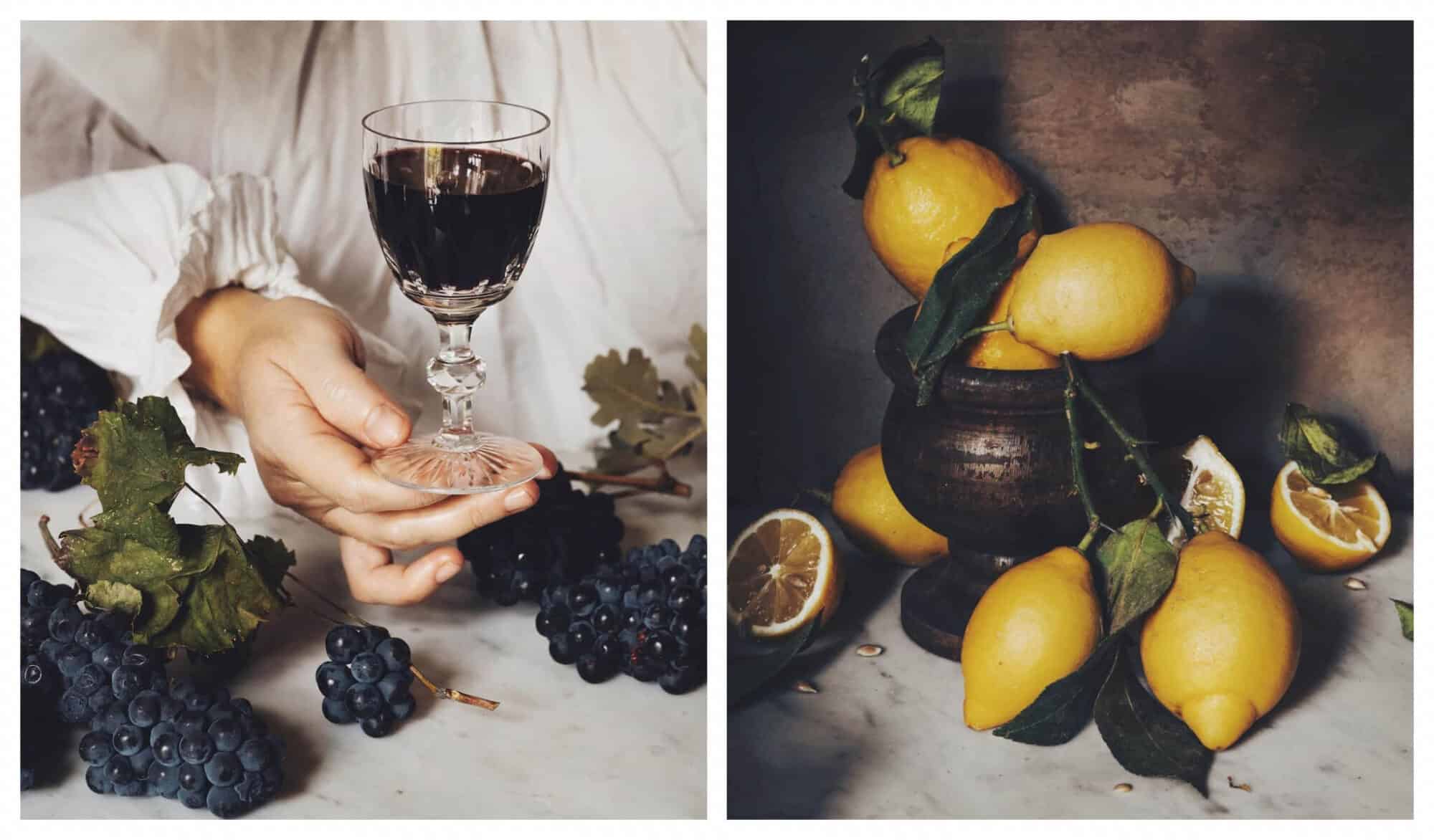 Left: Jamie Beck holds up a glass of wine and there are grapes strewn on the table, Right: lemons and fruits