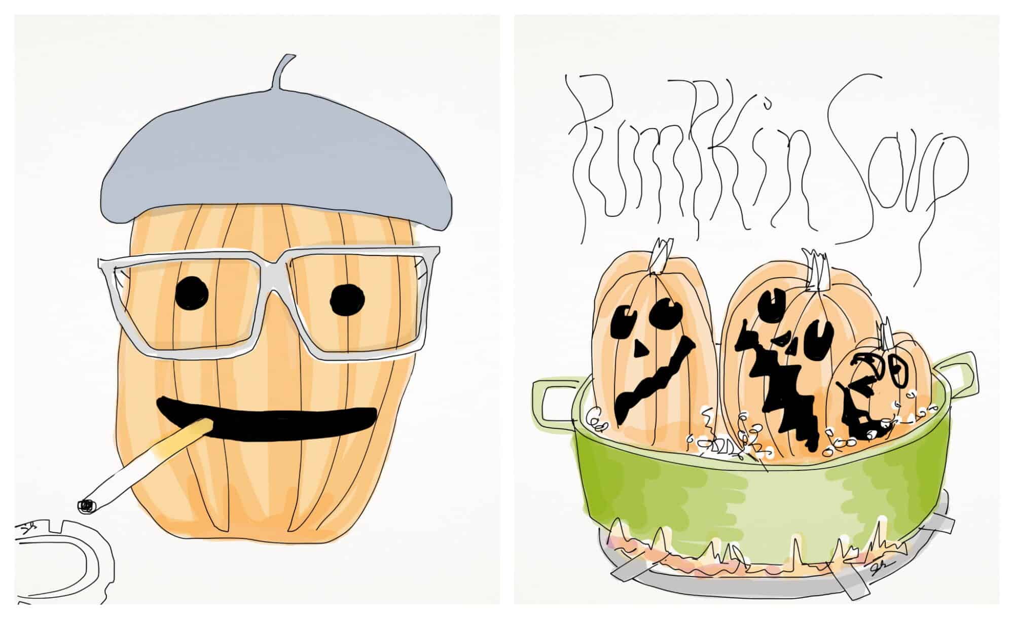 left: humorous drawing of a jack-o-lantern smoking a cigarette with a grey beret and grey frammed glasses; right: a green cauldron with several jack-o-lanterns smouldering within and a sign behind that says pumpkin soup.