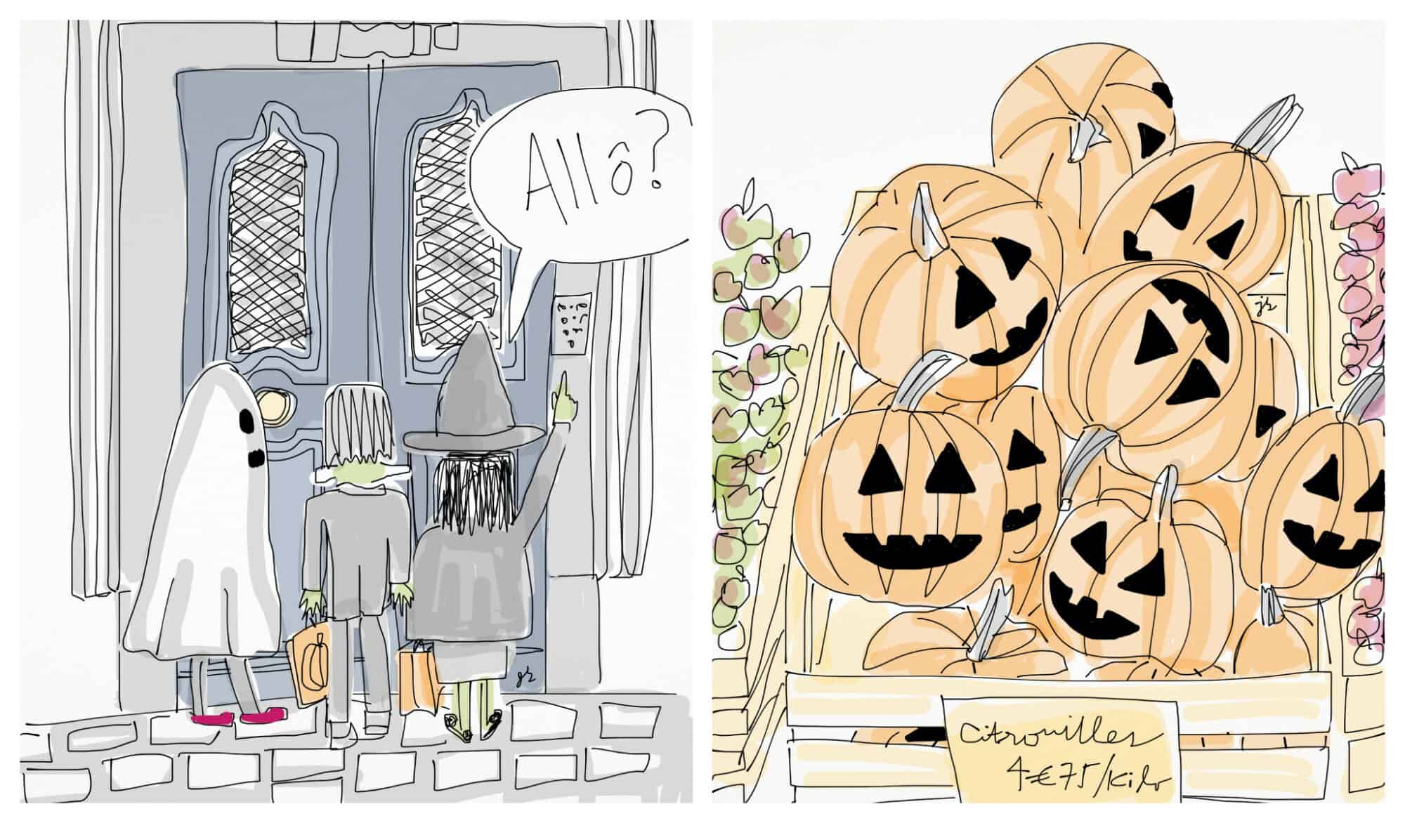 Left: some trick or treaters at a gray door, saying 'allo?'; right: a bunch of jack-o-lanterns in a French country market, all hand drawn cartoons.