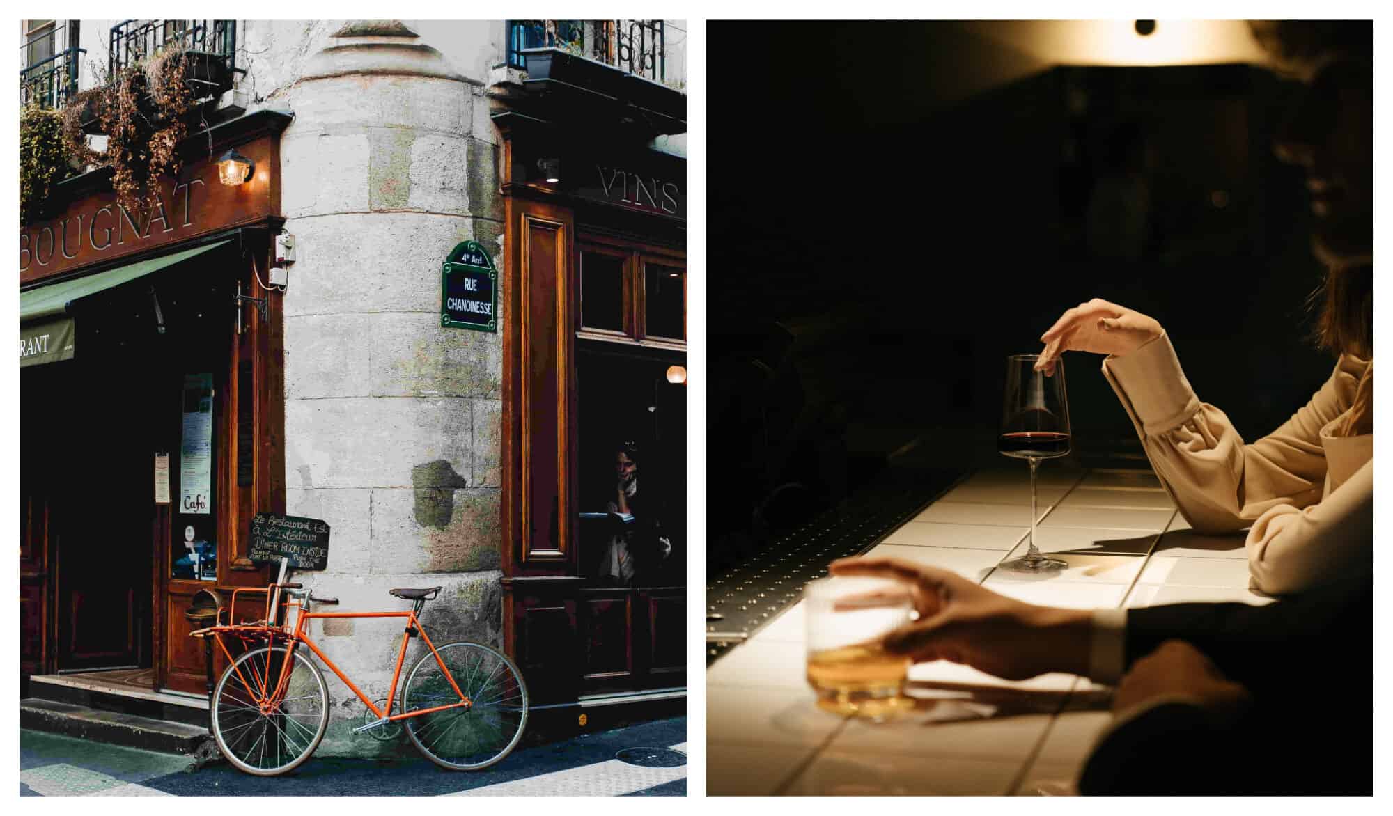 Left: Bike in Parisian street; Right: Man and woman drinking whiskey and a glass of wine at a bar in Paris