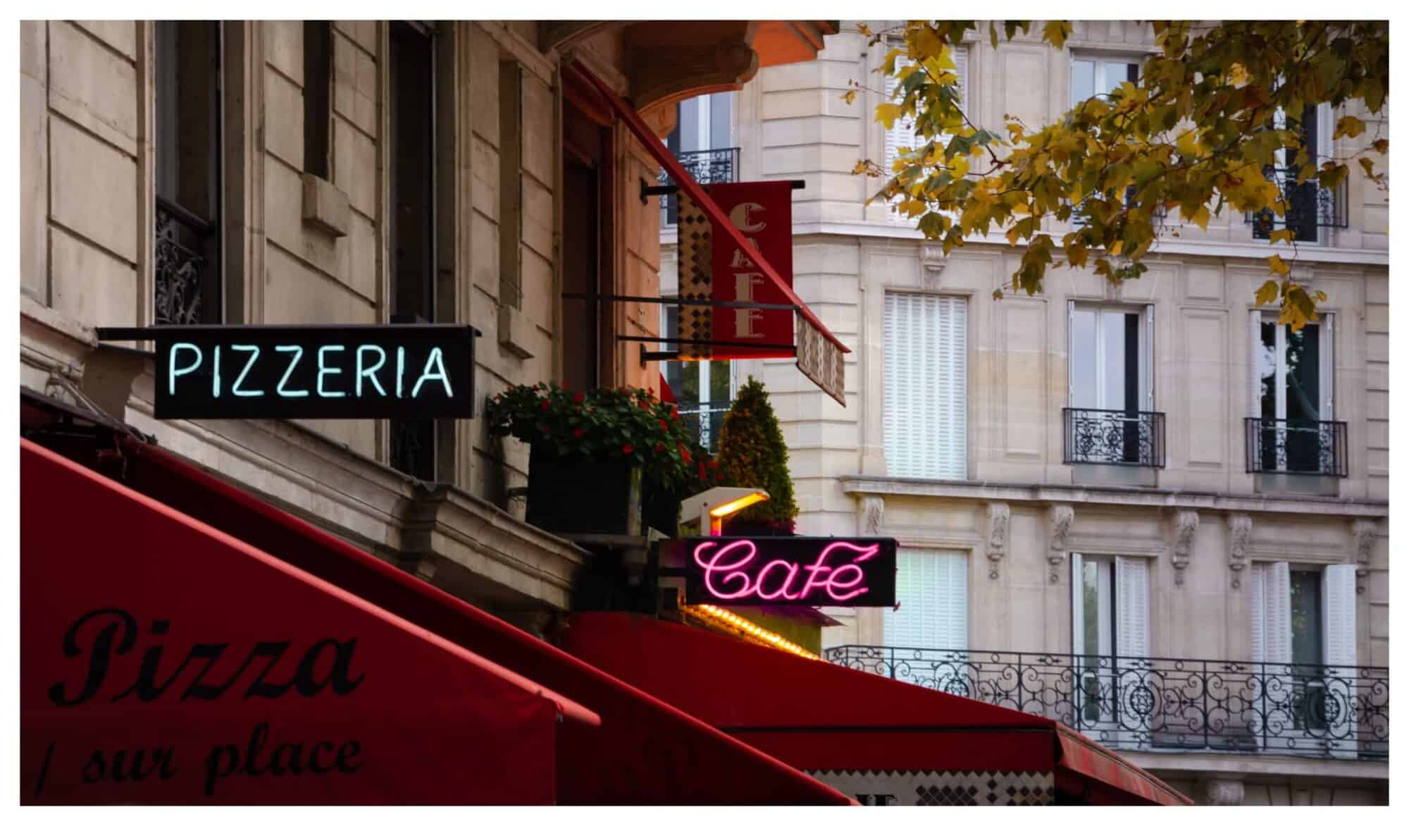 An Italian Pizzeria in Paris with some fall foliage in the frame