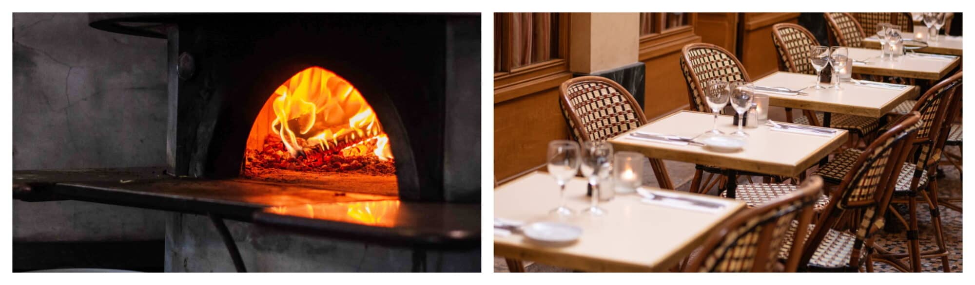 Left pizza oven in an italian restaurant, right Parisian cafe chairs