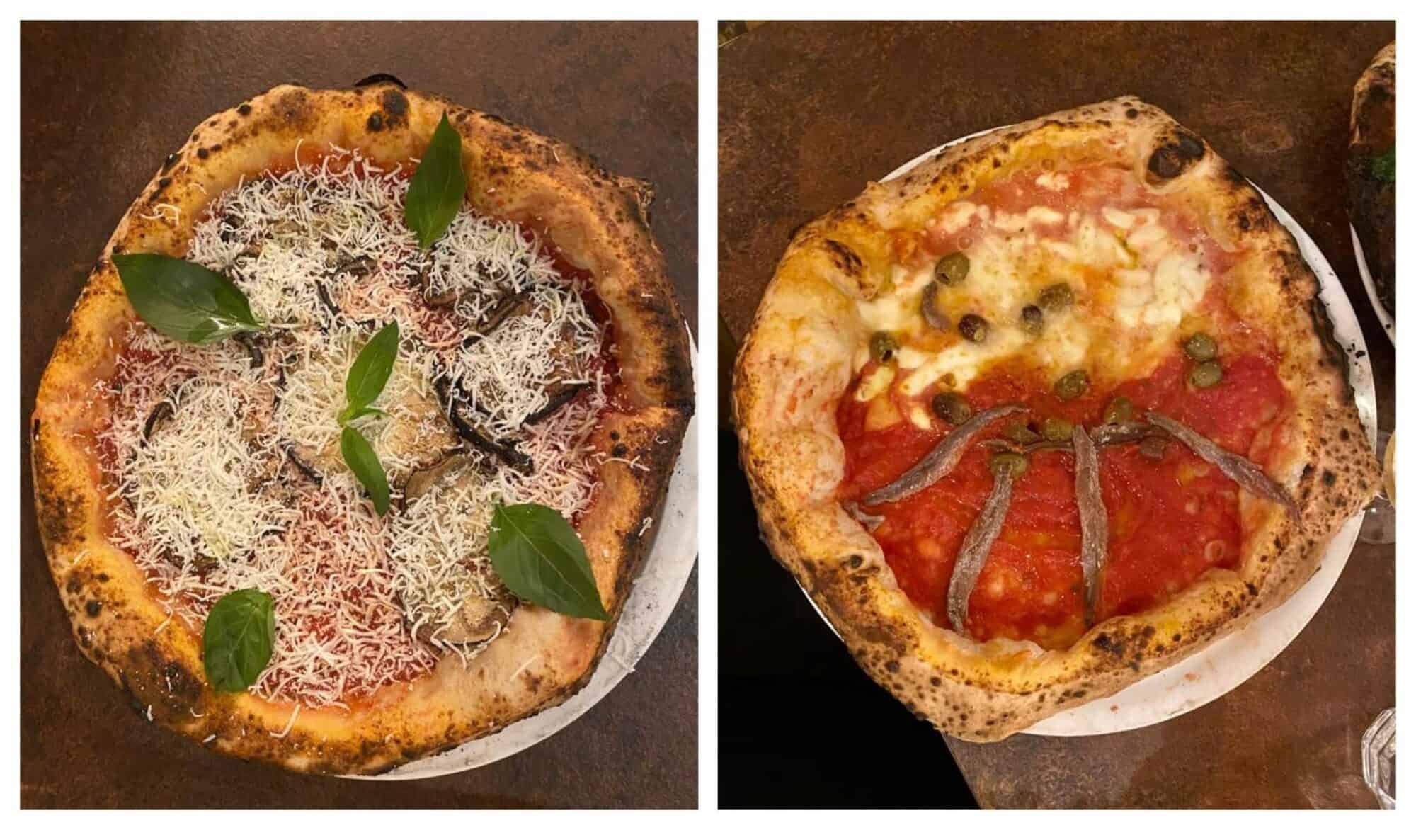 Left: a pizza from Faggio covered in grated parmesan and a basil leaves; RIght: a pizza from Faggio with half of it fovered in cheese and capers and the other half with only tomato sauces and anchovies.