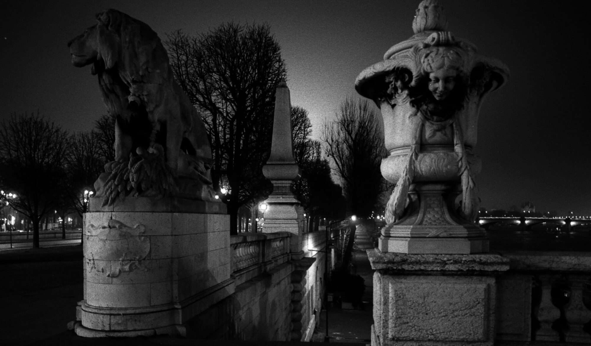 Pont Alexandre at night with an eerie, misty atmosphere photographed in black and white.