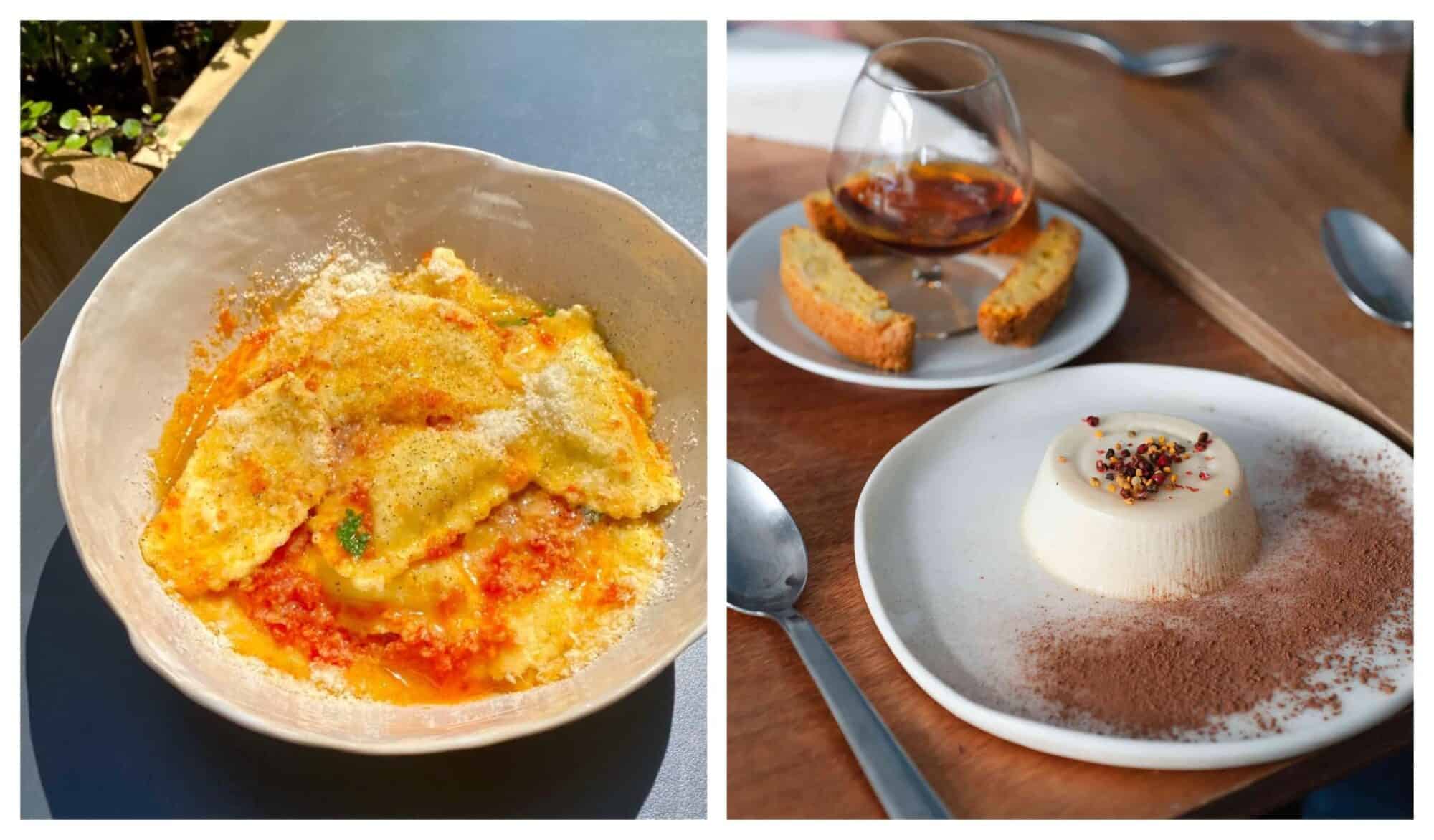 Left: a bowl of ravioli in tomato sauce in the sun at Tempilenti Italian restaurant; right: a plate of panacotta with cocoa powder sprinkled on top and another plate of biscotti and liqueur in the background.