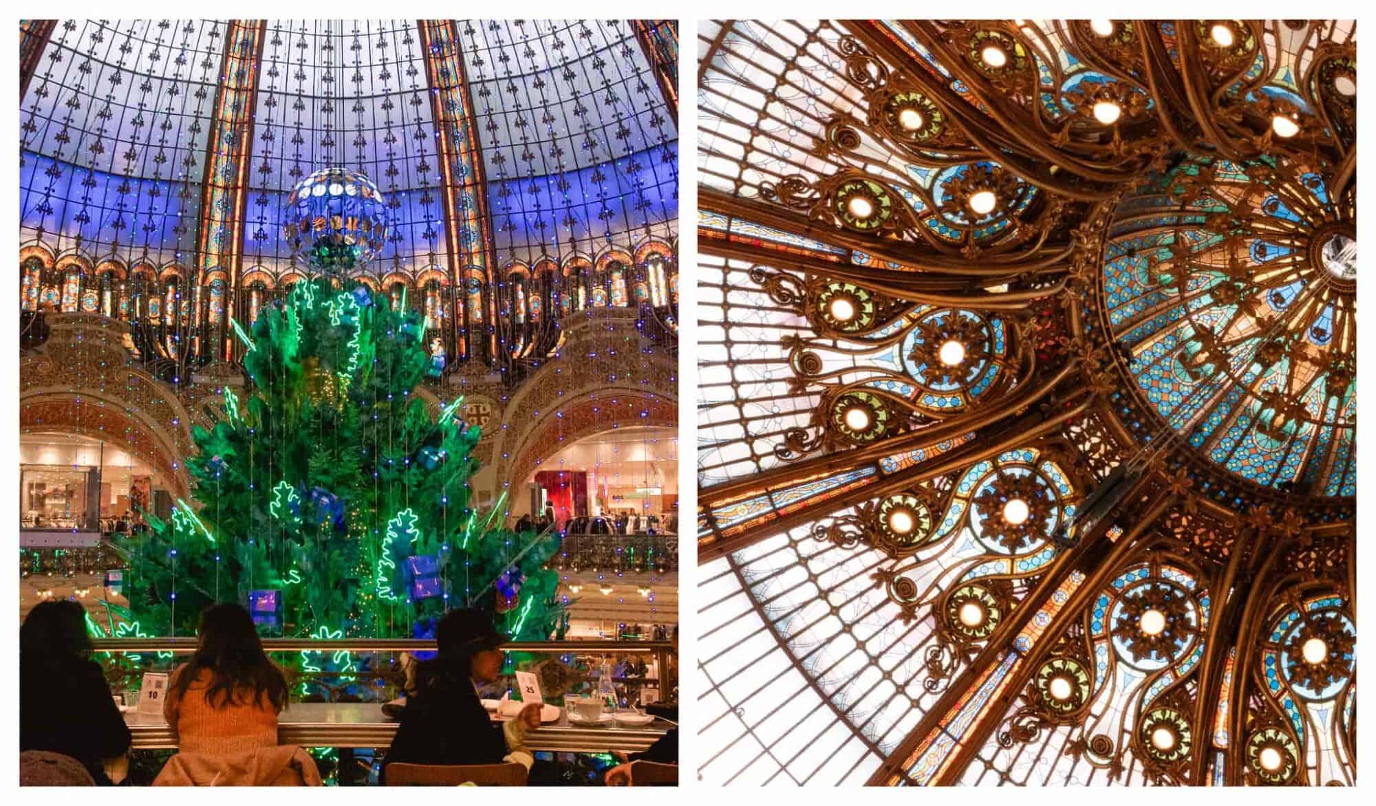 Left: The christmas tree displayed at Galeries Lafayette, Right: the roof of Galeries Lafayette