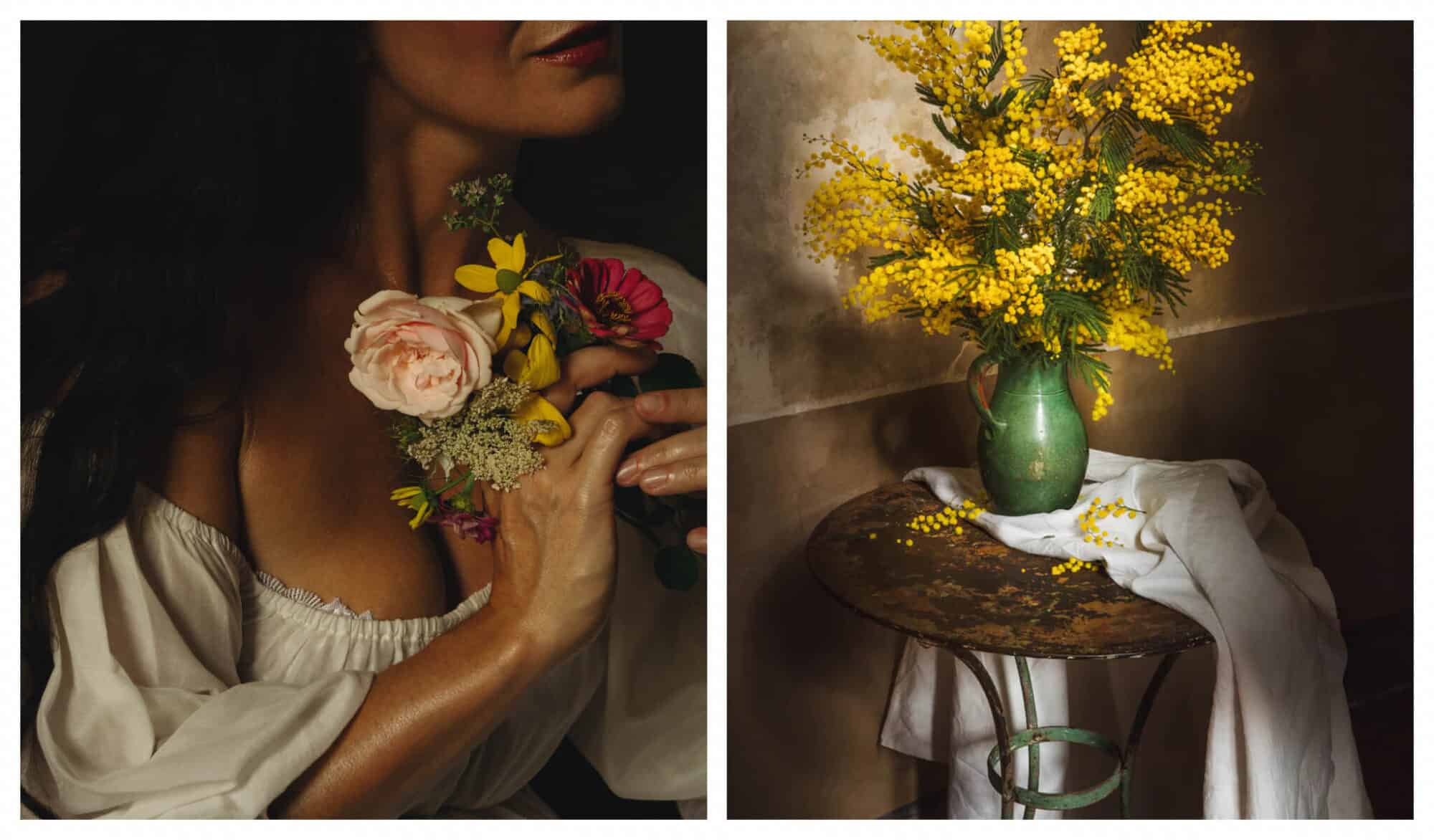 Left: Jamie Beck's self-portrait photgraph with yellow flowers and roses, Right: yellow mimosas places on a wooden table