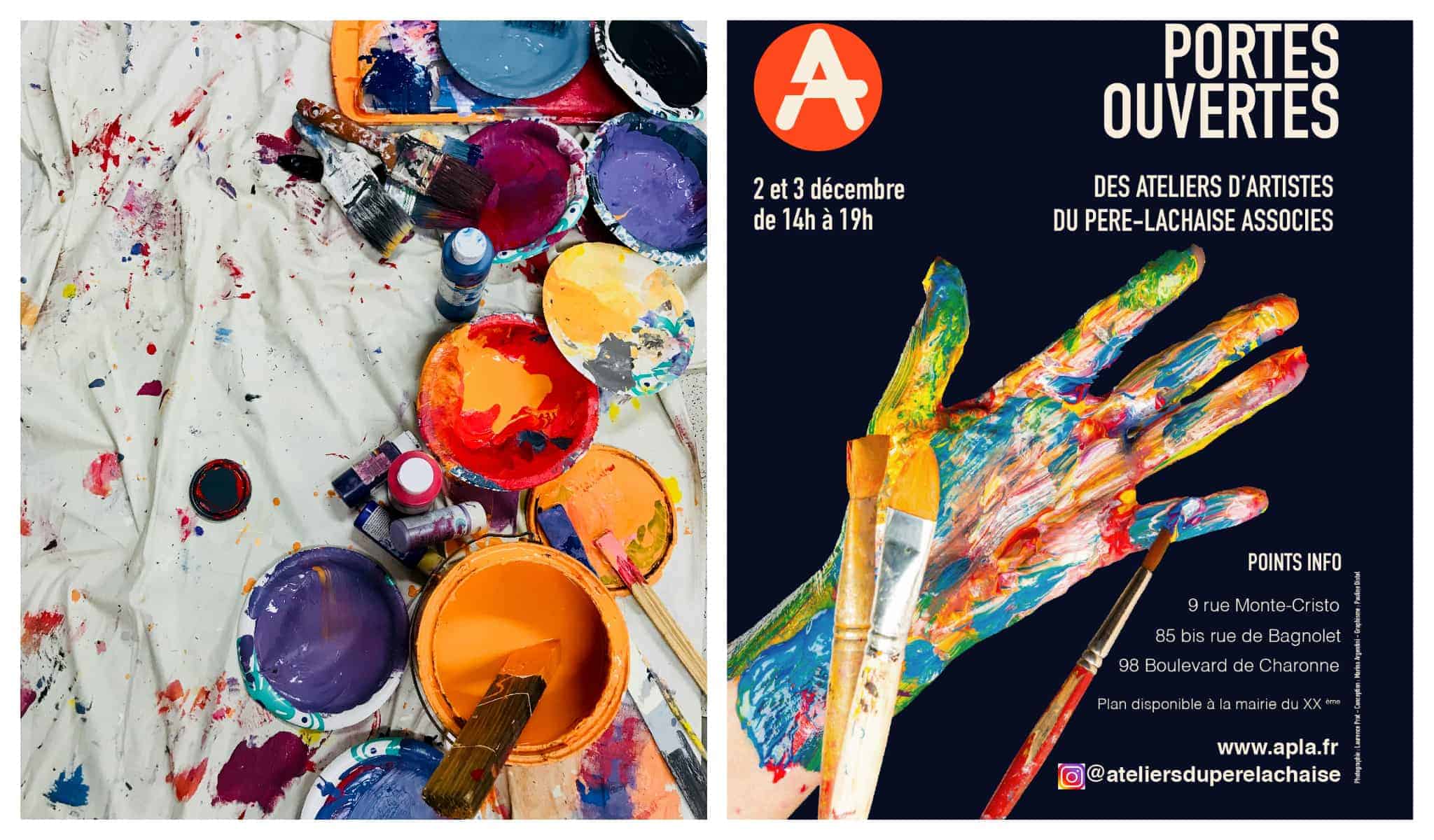 left: colours splotched by an artists, right: a leaflet for open artists studios event in Paris 