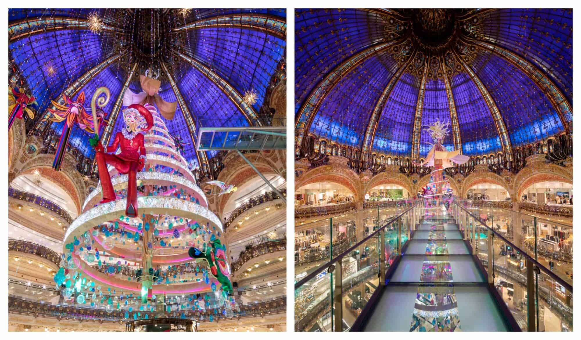 left: The Christmas tree from Galeries Lafayette pictured from the ground up under the cupola at night with a giant dandy Santa Claus dressed in red; right a view of the top of the tree from the walk way at the top floor of Galeries Lafayette.
