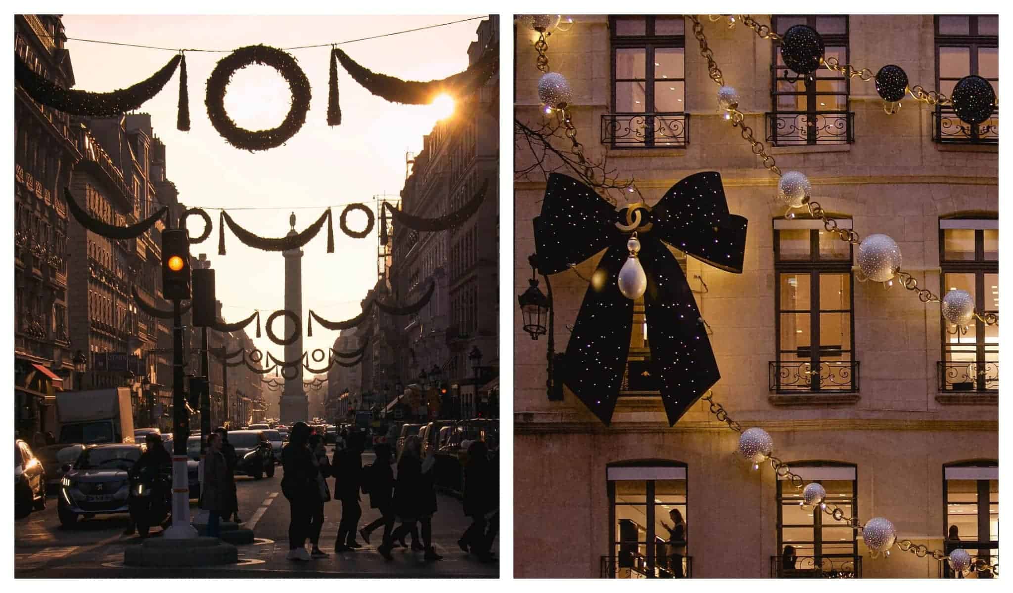 left: a view of Place Vendome and Paris streets decorated with Christmas garlands, Right: Chanel Paris decorated with christmas with a giant bow and huge pearls all over its facades