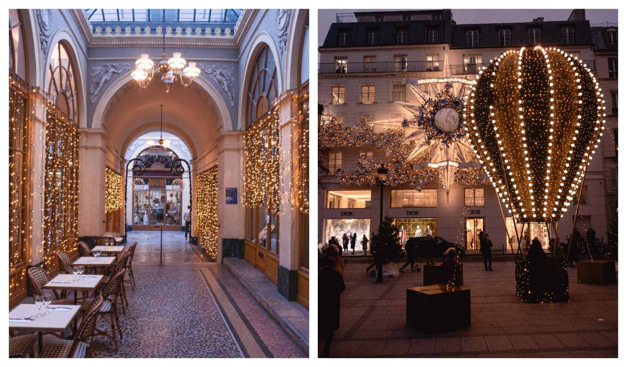 left: galeries vivienne decorated with string lights for Christmas, right: dior paris decorated with elaborate Christmas lights and fixtures